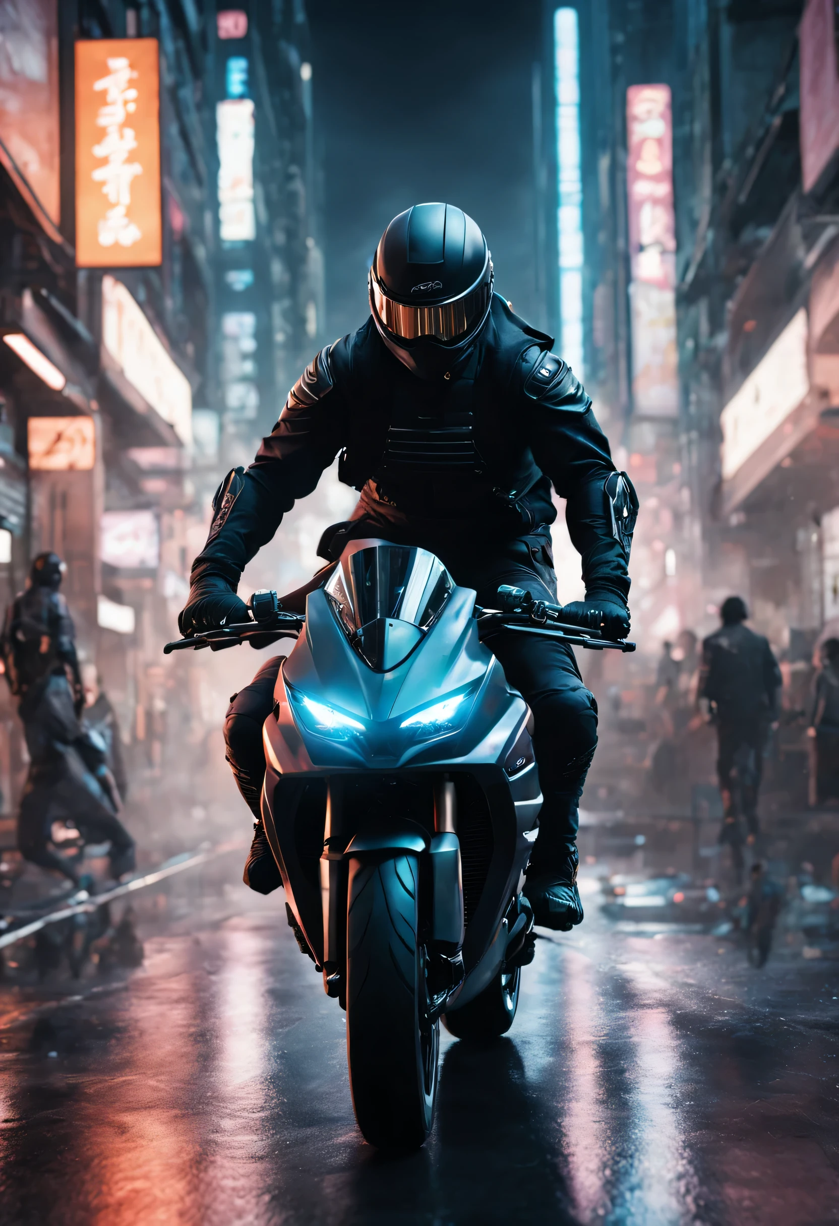 In the captivating image, a futuristic cyberpunk ninja skillfully maneuvering their motorbike through a bustling city street is depicted. The ninja's sleek and high-tech appearance harmonizes with the dynamic scene, enhanced by the realistic speed effects. The image, possibly a digital artwork, exhibits impeccable detail and stunning visual quality, transporting viewers into an adrenaline-pumping world of advanced technology and urban adventure.