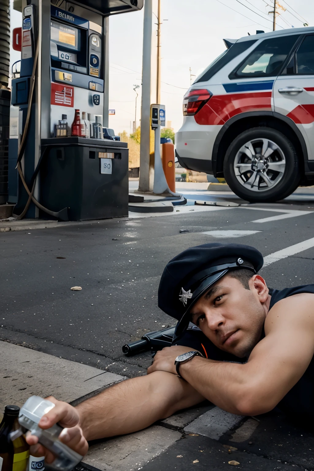 1 man, police officer, in uniform, getting gas at gas station, lying on the ground, surrounded by beer bottles,