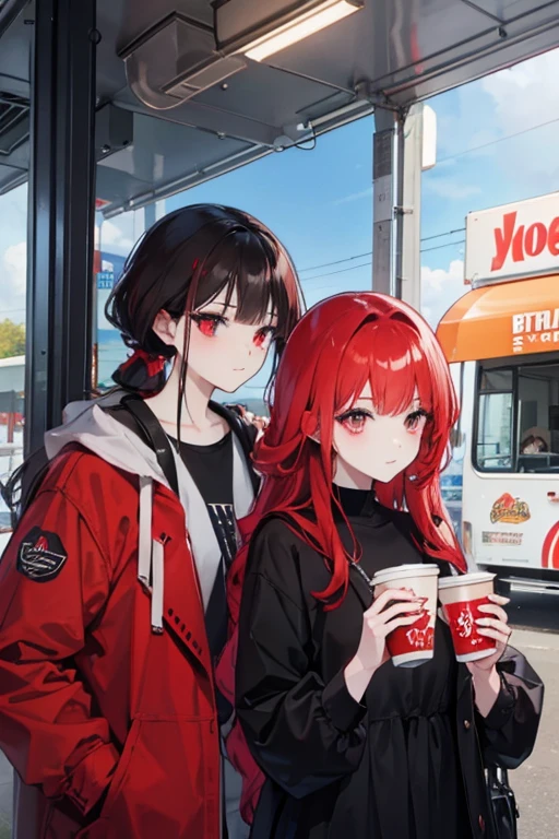 a red haired woman with red eyes is going on a date with a black haired woman with brown eyes at a food truck
