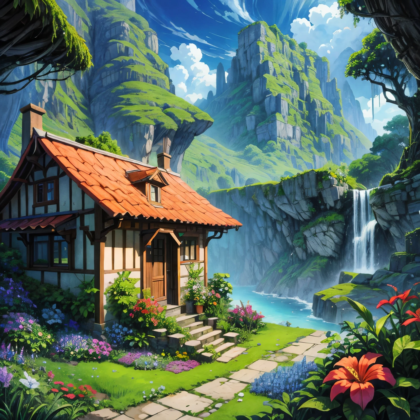digital illustration, best quality, absurdres, stone cottage, ecopunk, paradise, flowers, verdant, tropical