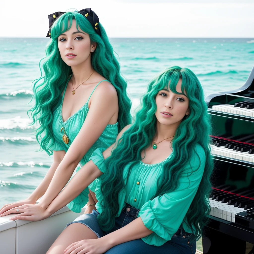 "(Mature and realistic portrayal:1.2) Sailor Neptune exuding confidence as she plays a sea green colored piano with black keys, her sea-green hair cascading down, adorned in stylish sea-green denim clothes from the 2000s, with a backdrop filled with hair bows."