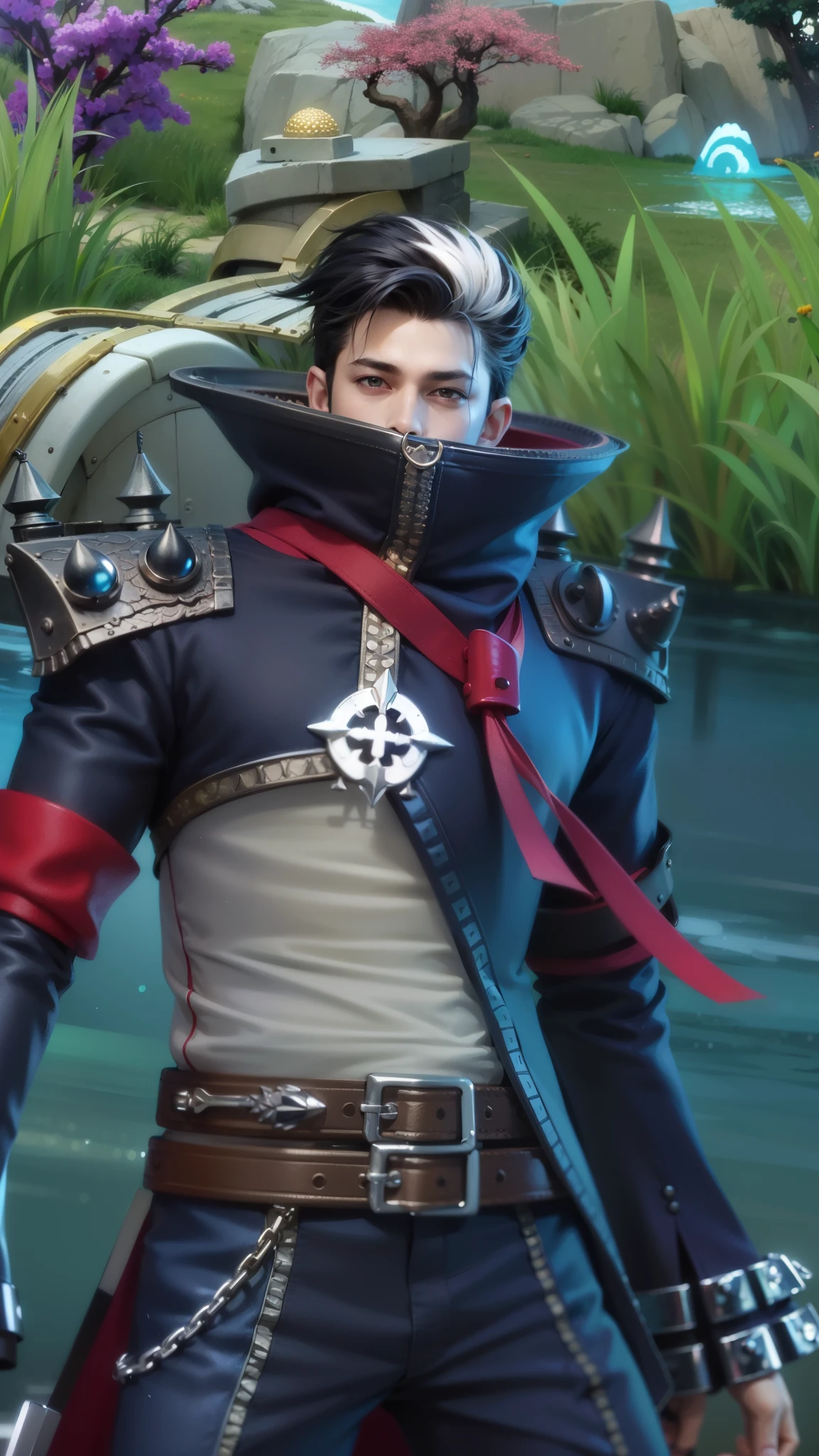 masculine male, masterpiece, ((perfect eyeest quality, (semirealism:1.9), beautiful lighting, (extremely detailed CG unity 4k fhd wallpaper), High Detail, Sharp focus, dramatic outdoors, 1 boy ,19 years old, black white hair, light purpel eyes, 1boy,blue hair, best quality, photo, 4k,looking at viewer,full body,wear red armor.