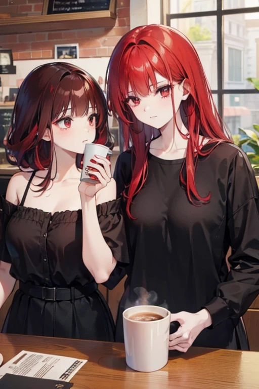 a red haired woman with red eyes is going on a date with a black haired woman with brown eyes at a coffee shop
