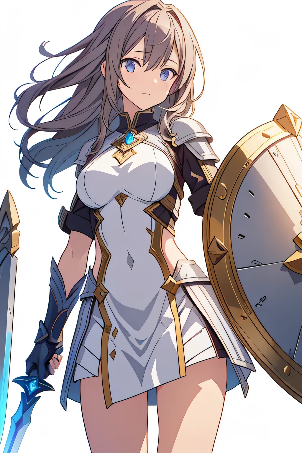 Visual novel character female mature swort art online warrior holding sword in one hand and shield on the other hand entire character within image white background