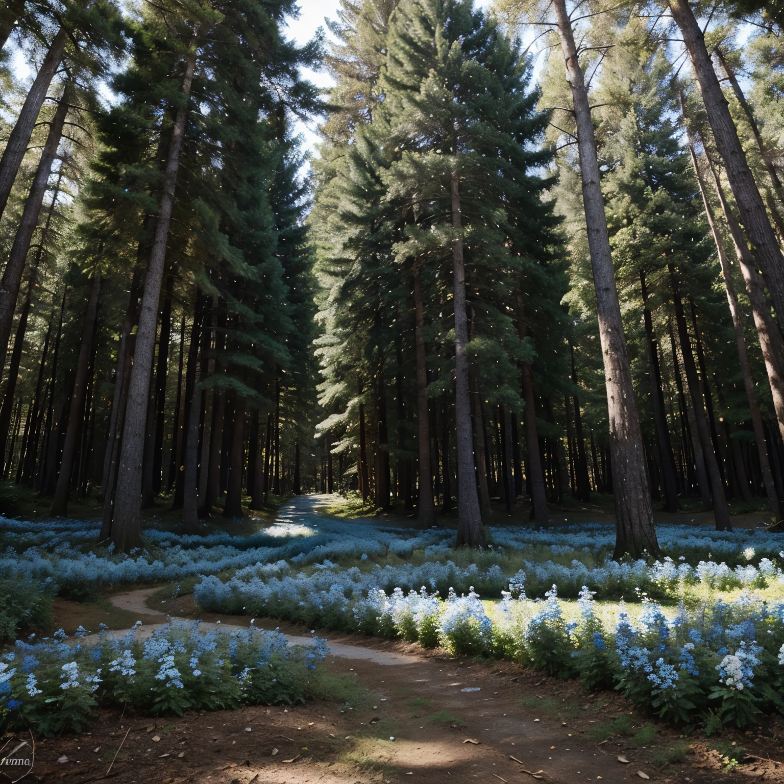 blue and white flowers in a forest with many curvy tree trunks and many leaves