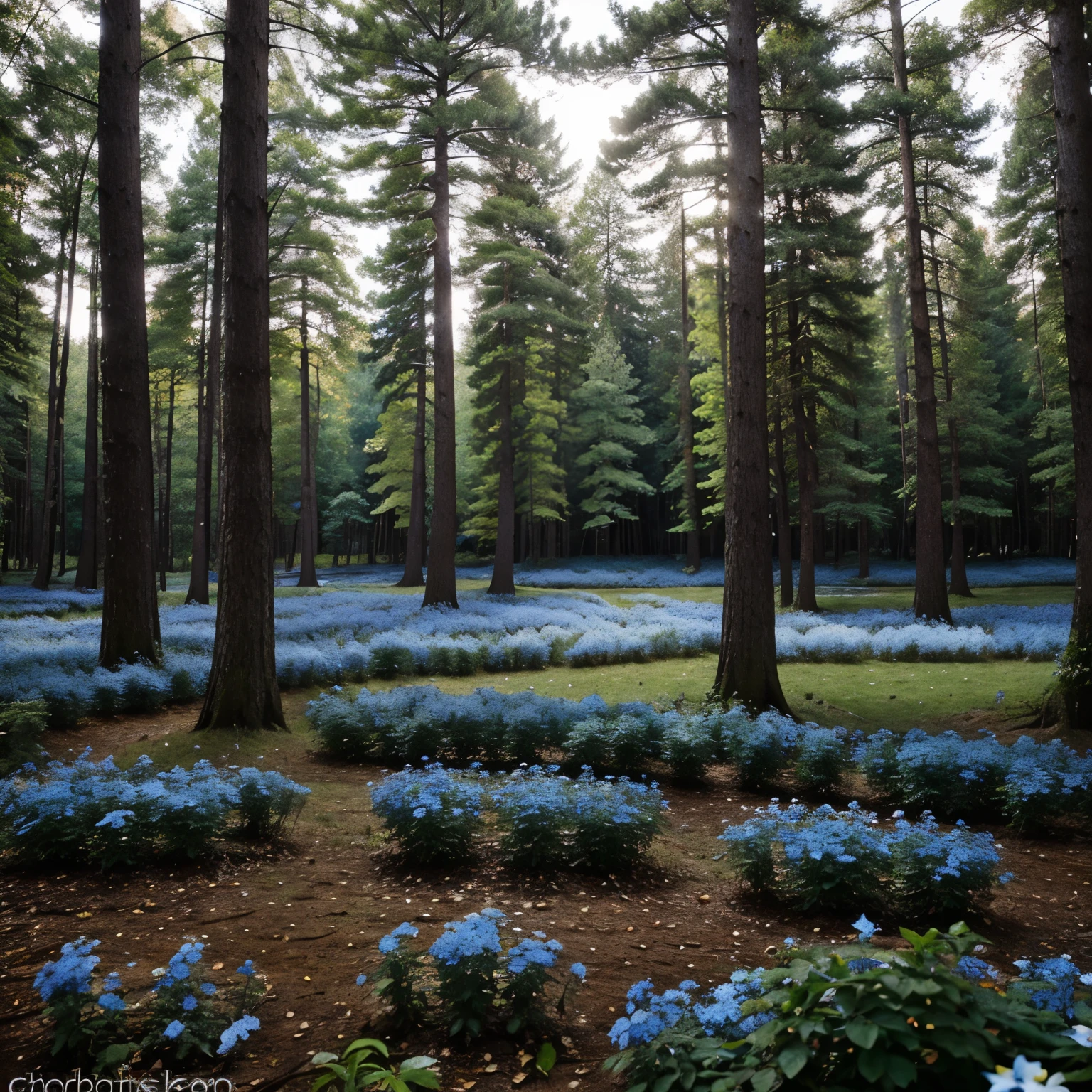 blue and white flowers in a forest with many curvy tree trunks and many leaves