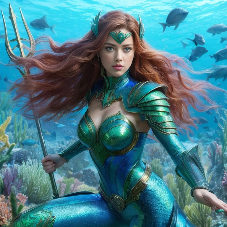 AMBER HEARD mujer hermosa, caucasian, pelo color rojo y largo, ojos claros, mojada, tiara verde, vestida con traje de armadura cuerpo completo color azul y verde con escamas, mera reyna de atlantis, sosteniendo un tridente, in defense position to attack, at the bottom of the ocean among marine fauna, ((Calidad superior, 8k, obra maestra: 1.3)), belleza, AMBER HEARD, Grande: 1.3, Abdominales delgados: 1.1, Textura facial y de piel muy detallada.