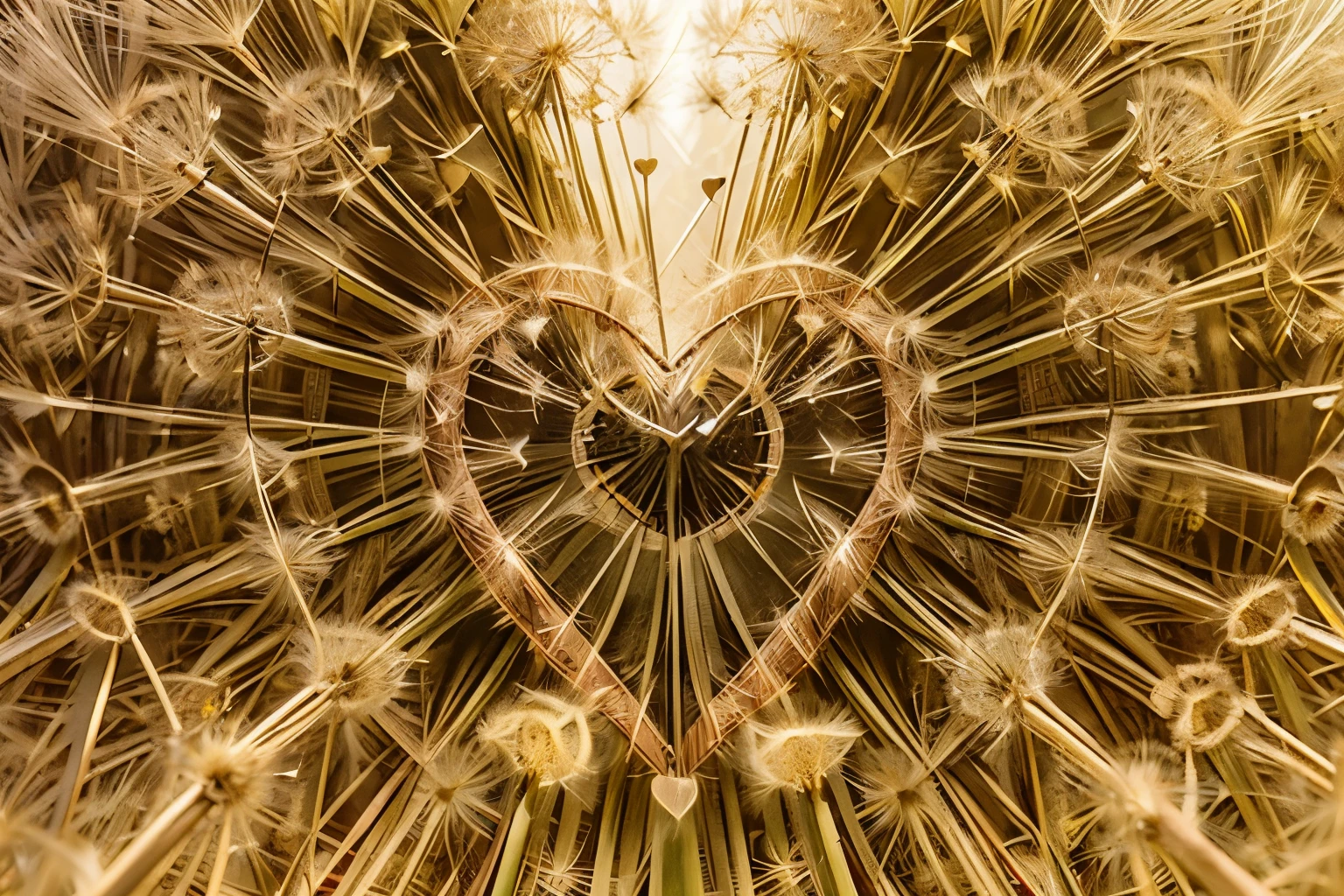 I want a picture that illustrates a (((heart made of dandelion seeds))). The seeds can be shown as small air bubbles, {floating inside the heart}. This image will convey a message that dandelion has [beneficial] properties that help reduce cholesterol, promoting cardiovascular health. Add a touch of delicacy and subtlety to the illustration.