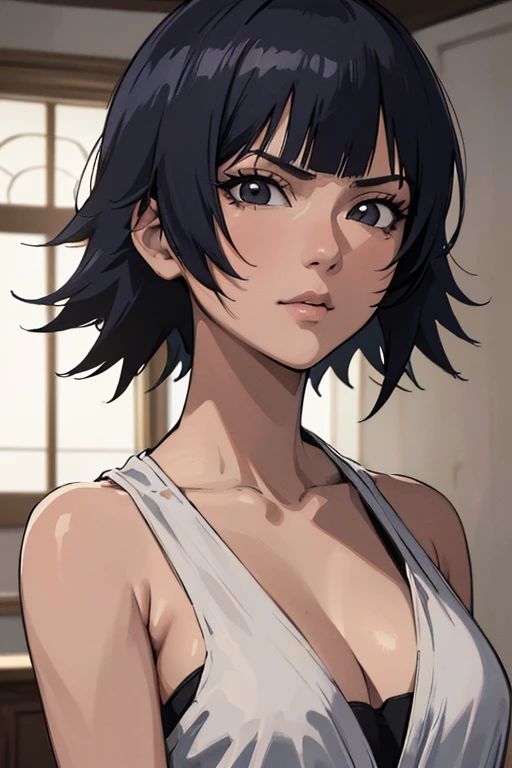 ultra-realistic 8k CG, masterpiece, ((ultra detailed background, expressive eyes, fine drawing, intricate details, high detail, better quality fine details, hyper-detailed face)), (photorealistic: 1.4), beautiful lighting, absurdity, RAW photo, film grain, soi fon, 1girl, solo, dark black hair, black eyes, makeup, side strands, ((medium breasts, slim girl)), ((bleach clothing)), ((intricately detailed background, inside, dim lighting, moody lighting, inside bedroom inside)), ((close-up, portrait))