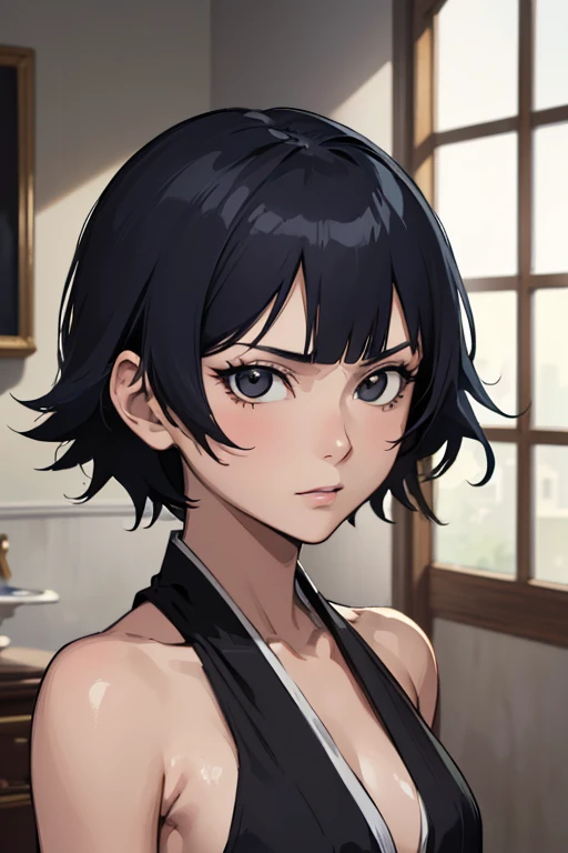 ultra-realistic 8k CG, masterpiece, ((ultra detailed background, expressive eyes, fine drawing, intricate details, high detail, better quality fine details, hyper-detailed face)), (photorealistic: 1.4), beautiful lighting, absurdity, RAW photo, film grain, soi fon, 1girl, solo, dark black hair, short hair, black eyes, makeup, side strands, ((medium breasts, slim girl)), ((bleach clothing)), ((intricately detailed background, inside, dim lighting, moody lighting, inside bedroom inside)), ((close-up, portrait))