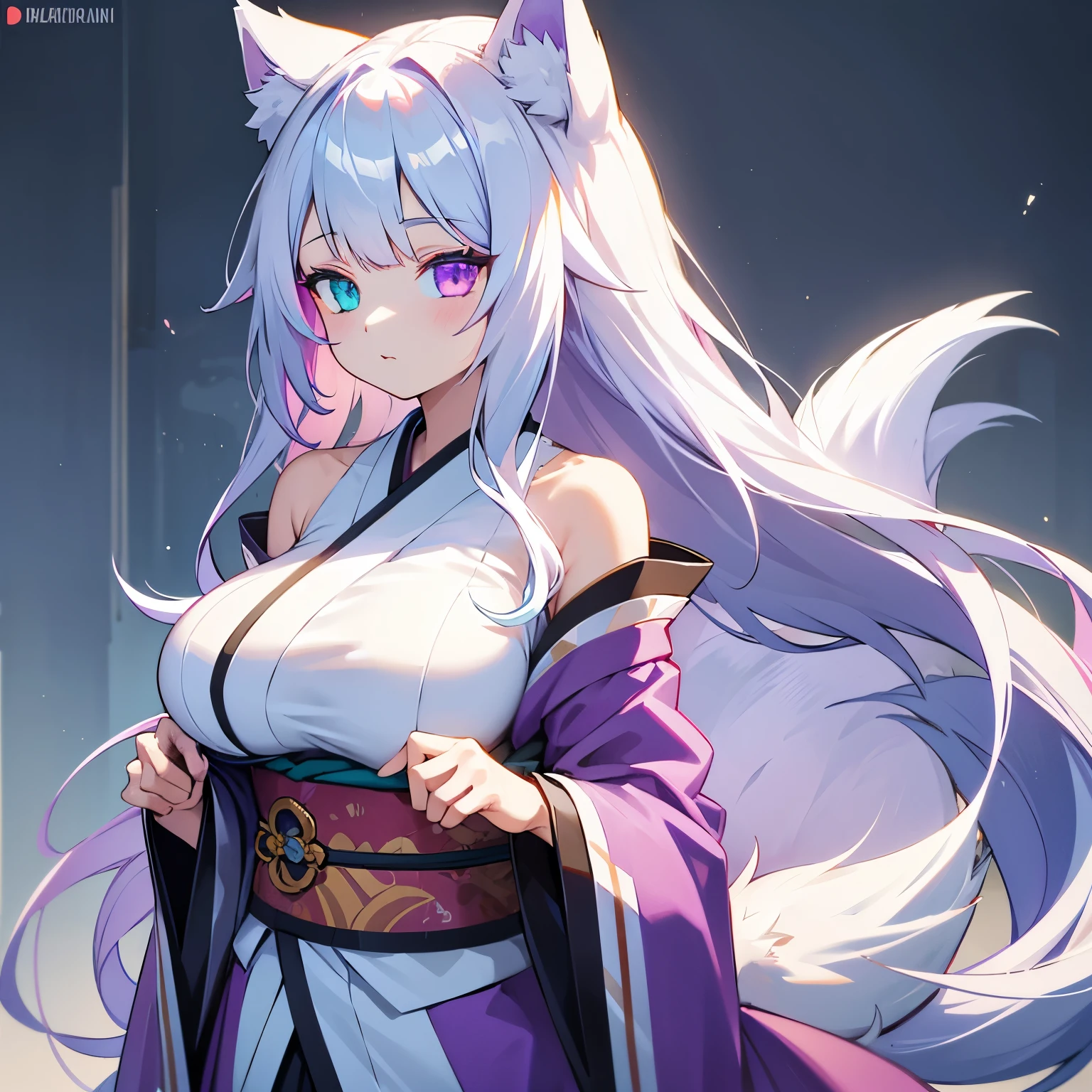 Girl,wolf girl,fluffy tail,white long hair,heterochromia, purple eyes, cyan eyes,mature girl,busty body , wearing a kimono,big breast