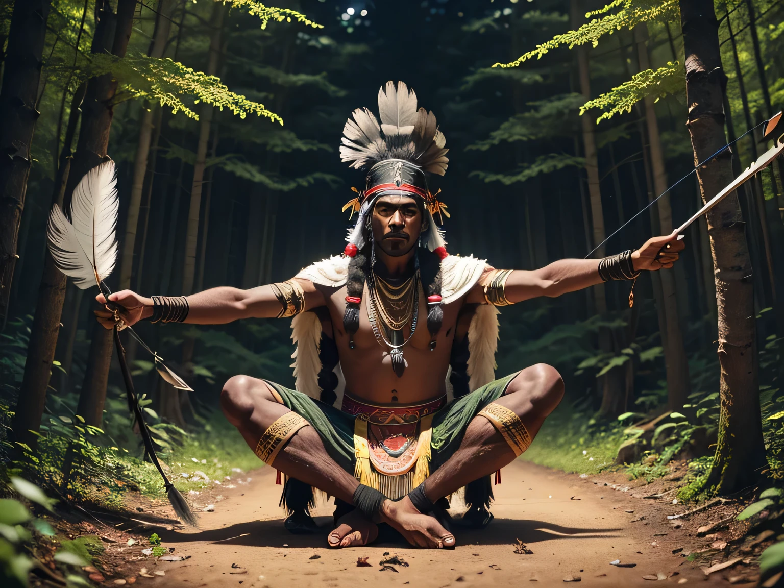 a man, a 30-year-old black Indian, in the forest wearing a headdress with many feathers, with a bow and arrow, in a reverent full-body pose