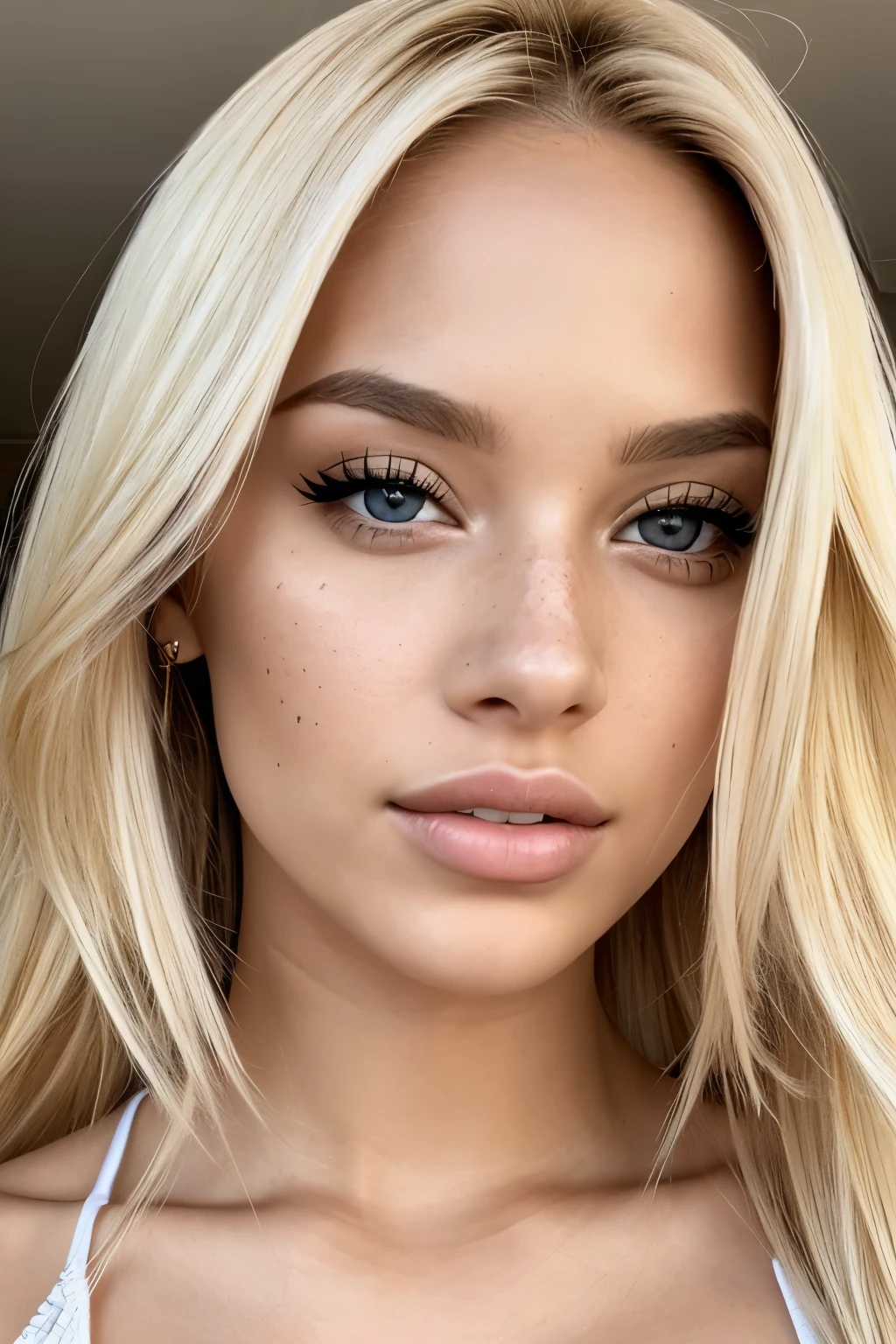 (close-up editorial front photo of 25 yo woman, blonde hair, slim latinas sweetheart), (freckles:0.9), (full lips) close, (yelloreen) eyes, POV, realistic[:, (film grain, 25mm, f/1.2, dof, bokeh, beautiful symmetrical face, perfect sparkling eyes, well defined pupils, high contrast eyes, ultra detailed skin, skin pores, vellus hair, fabric stitching, fabric texture, wood grain, stone texture, finely detailed features:1):0.9]