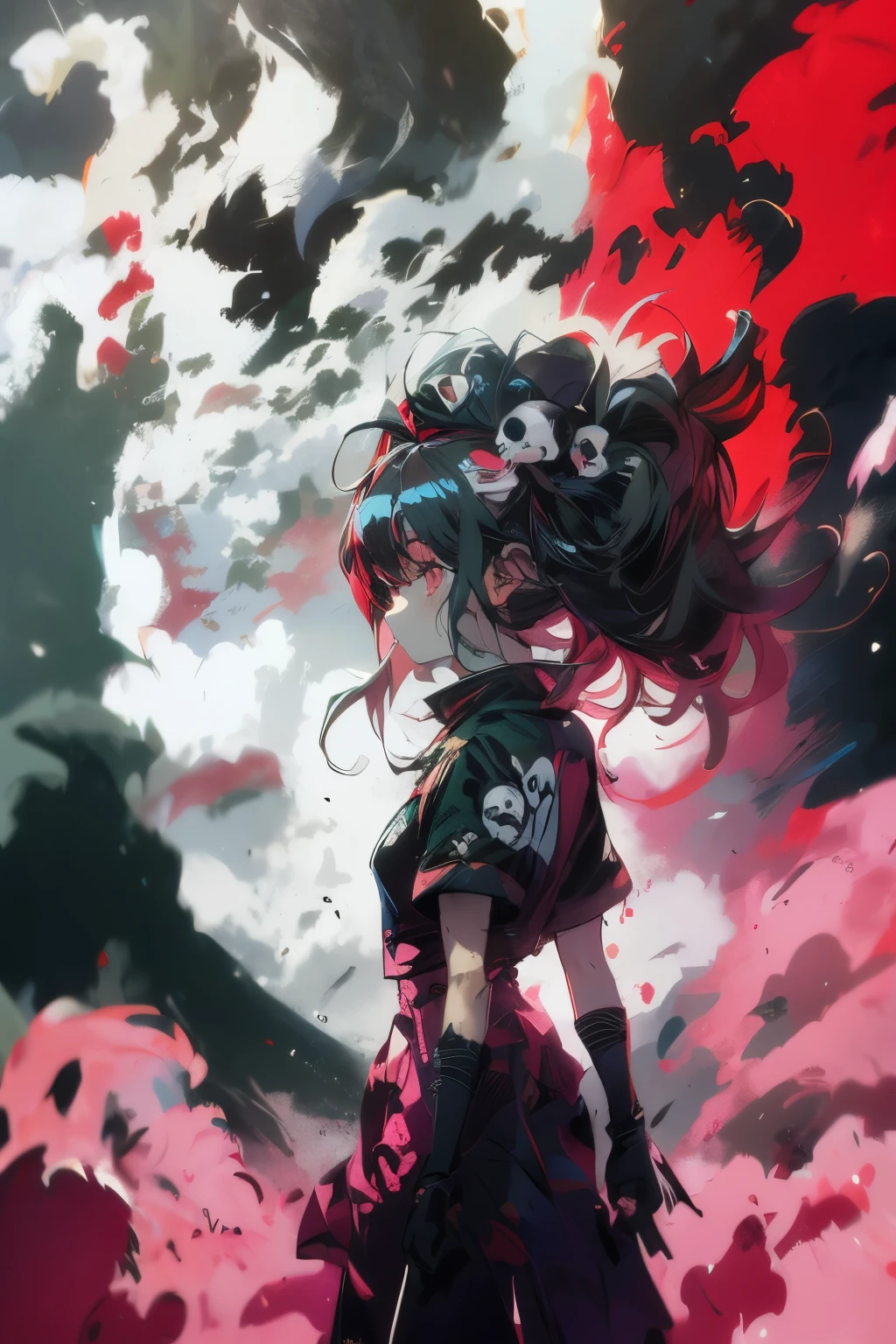 Anime girl with skull and crossbones, which stands against a cloudy sky, Anime-Stil 4 k, Anime-Kunst-Hintergrundbild 4 k, Anime-Kunst-Hintergrundbild 4k, digitale Kunst von Danganronpa, knallharter Anime 8 k, Anime-Kunst-Hintergrundbild 8 k, Anime monster girl, Anime-episches Kunstwerk, beste Anime 4k Konachan Wallpaper, Kunstwerk im Anime-Stil