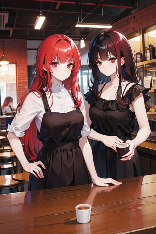 a red haired woman with red eyes is going on a date with a black haired woman with brown eyes at a coffee shop
