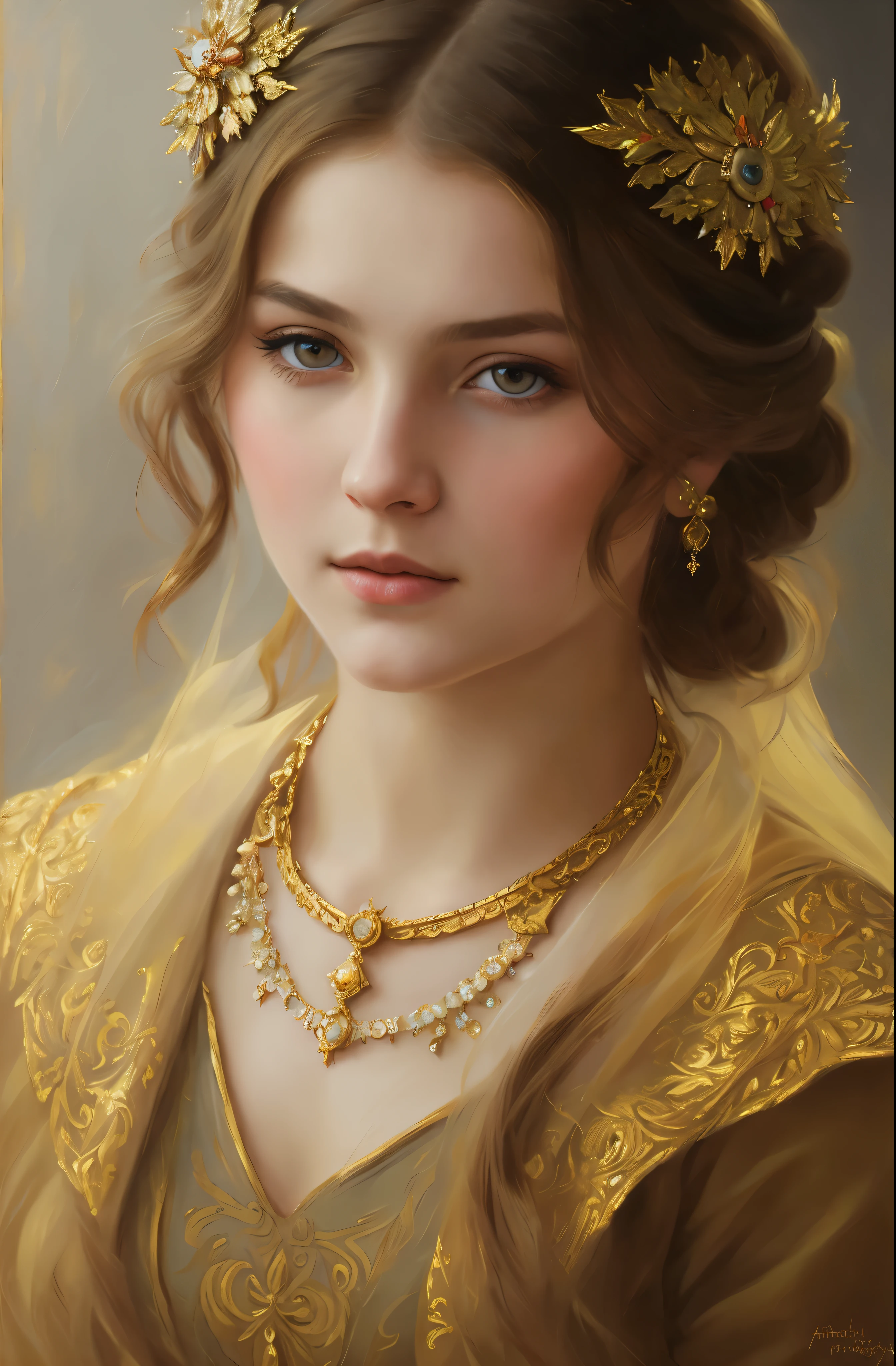portrait, girl, middle ages, classicism, andrey atroshenko style, painting, pierced eyes, beautifully styled hair, traditional media, realistic, figurative, fine art, oil on canvas, HDR, 8K, original character, high resolution, high detail, focus on the face, beautiful eyes