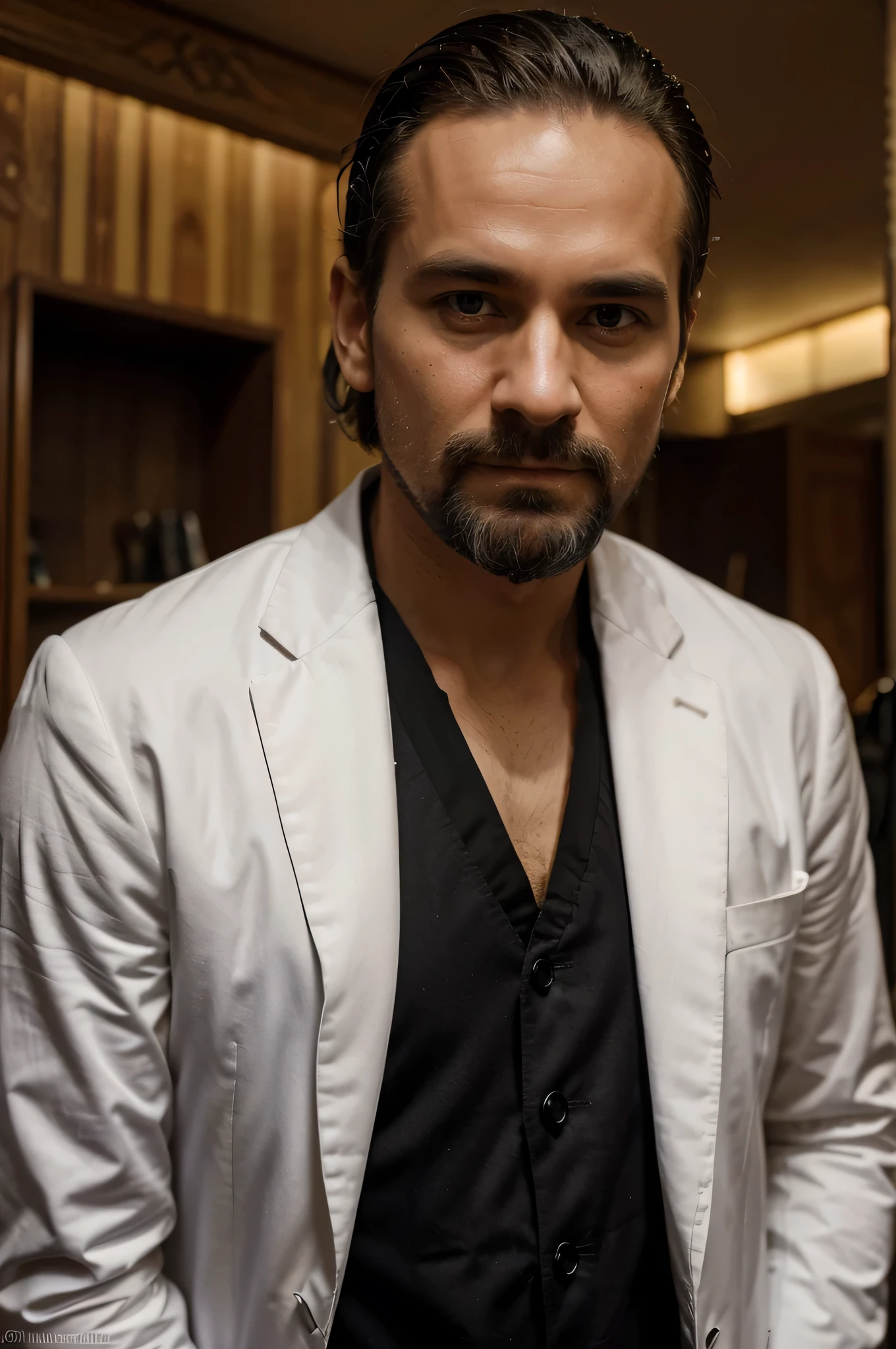Er ist Mitte 40, wears a beard like Nietzsche, and always carefully combs his white hair back. Ausgehend von seinem rechten Ohr, A kind of spider web spreads across his face, und in der Mitte seiner Stirn, he carries a spiritual symbol. Er ist stets bestrebt, auf alles sehr ruhig und erhaben zu reagieren, weil, wie er sagt, alles, was passiert, is already predetermined at a higher level. 'So soll es sein. Es steht so geschrieben."It's been said, er habe Erleuchtung erfahren.“. In der Vergangenheit, er hatte sogar seine eigene Gruppe; They called themselves the “Seekers of the Light”., However, there were fierce power struggles, und die Gruppe verwandelte sich in eine Art politische Kampftruppe.
Jetzt, He changed his strategy. Er versucht nicht mehr, to convince people of a higher mission; Stattdessen, Er glaubt, dass die Menschheit durch den Tanz von ihren irdischen Fesseln befreit wird, Rausch, and excessive sexuality. He is now busy managing this club and organizing events. Am wichtigsten, He wants, that people forget their worldly worries for a moment and dissolve in the ecstasy of the present. Er sagt, dieser Club sei die moderne Version eines Tempels und es sei seine Bestimmung und Pflicht, ihn zu erhalten. Er arbeitet sehr gewissenhaft und hat ein gutes Organisationstalent, when it comes to procuring all kinds of materials for his guests. Der Rausch ist das Einzige, what matters. Er ist der moderne Medizinmann.