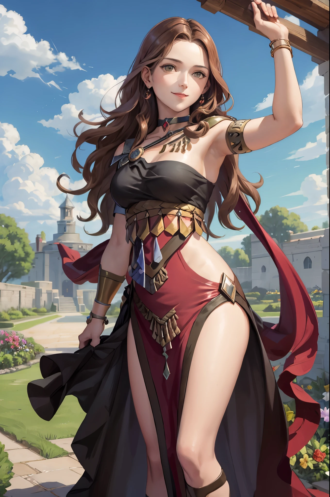 masterpiece, best quality, Dorothea Arnault, dorothea (timeskip), brown hair, large breasts, red danceroutfit, looking at viewer, smile, sky, clouds, garden, cowboy shot, long hair,