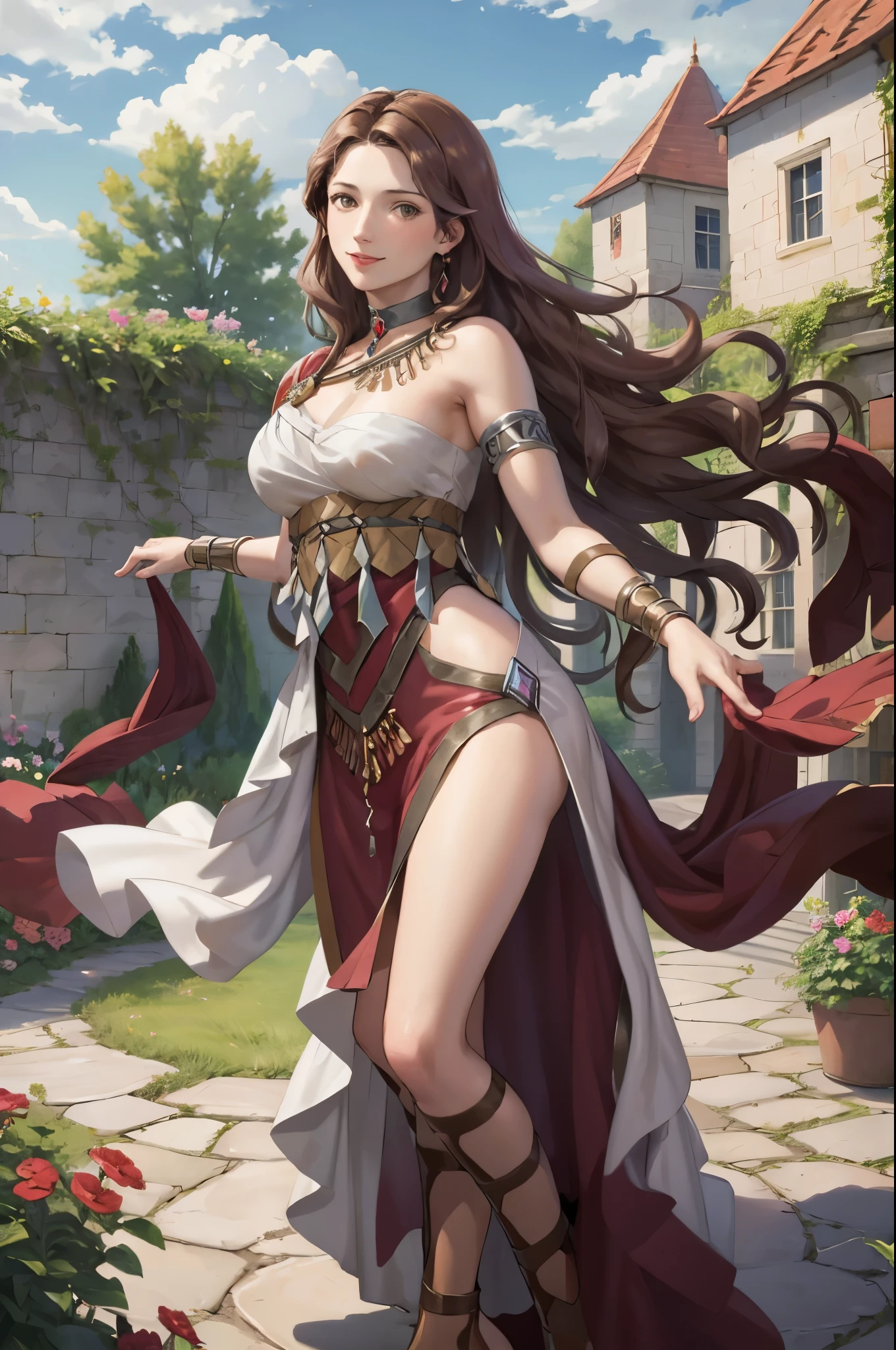 masterpiece, best quality, Dorothea Arnault, dorothea (timeskip), brown hair, large breasts, red danceroutfit, looking at viewer, smile, sky, clouds, garden, cowboy shot, long hair,