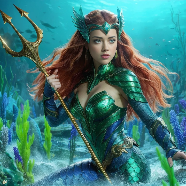AMBER HEARD mujer hermosa, caucasian, pelo color rojo y largo, ojos claros, mojada, tiara verde, vestida con traje de armadura cuerpo completo color azul y verde con escamas, mera reyna de atlantis, sosteniendo un tridente, in defense position to attack, at the bottom of the ocean among marine fauna, ((Calidad superior, 8k, obra maestra: 1.3)), belleza, AMBER HEARD, Grande: 1.3, Abdominales delgados: 1.1, Textura facial y de piel muy detallada.