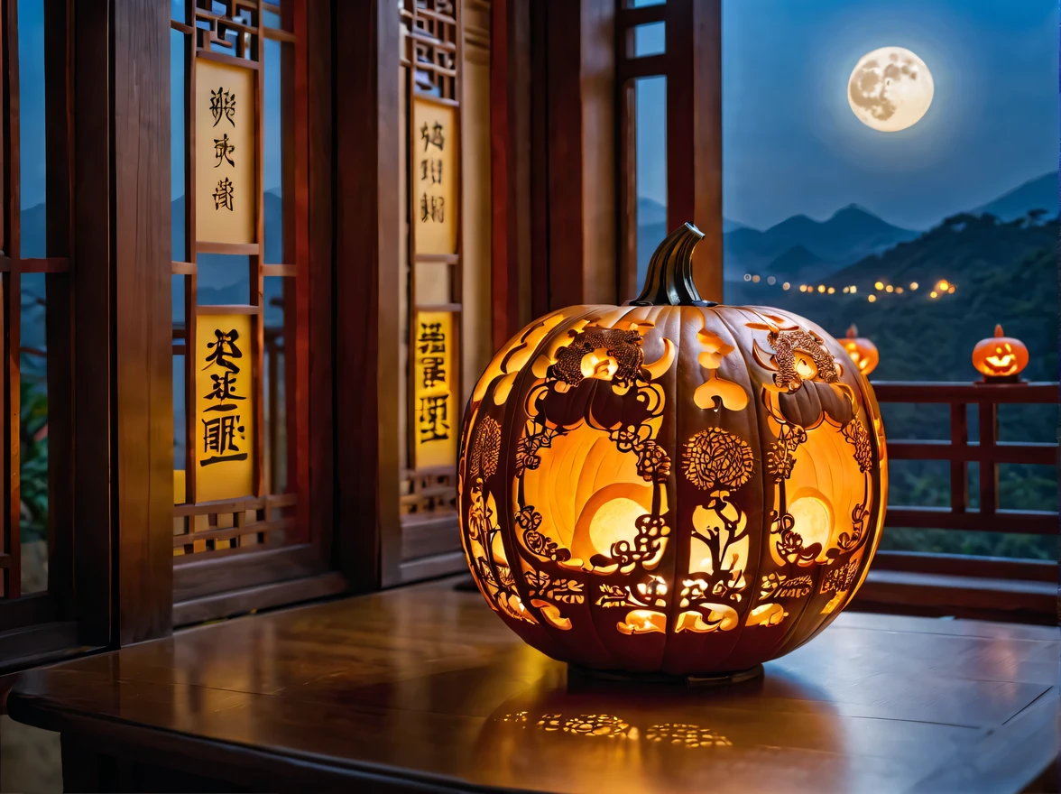pumpkin lantern:Carve pumpkins:artwork:Art and intricate design:The work of skilled craftsmen:beautiful,Chinese style,elegant,fantasy,fantasy,magic,masterpiece,table decorations,Light outside the window:moonlight,beautiful光と影,最高masterpiece