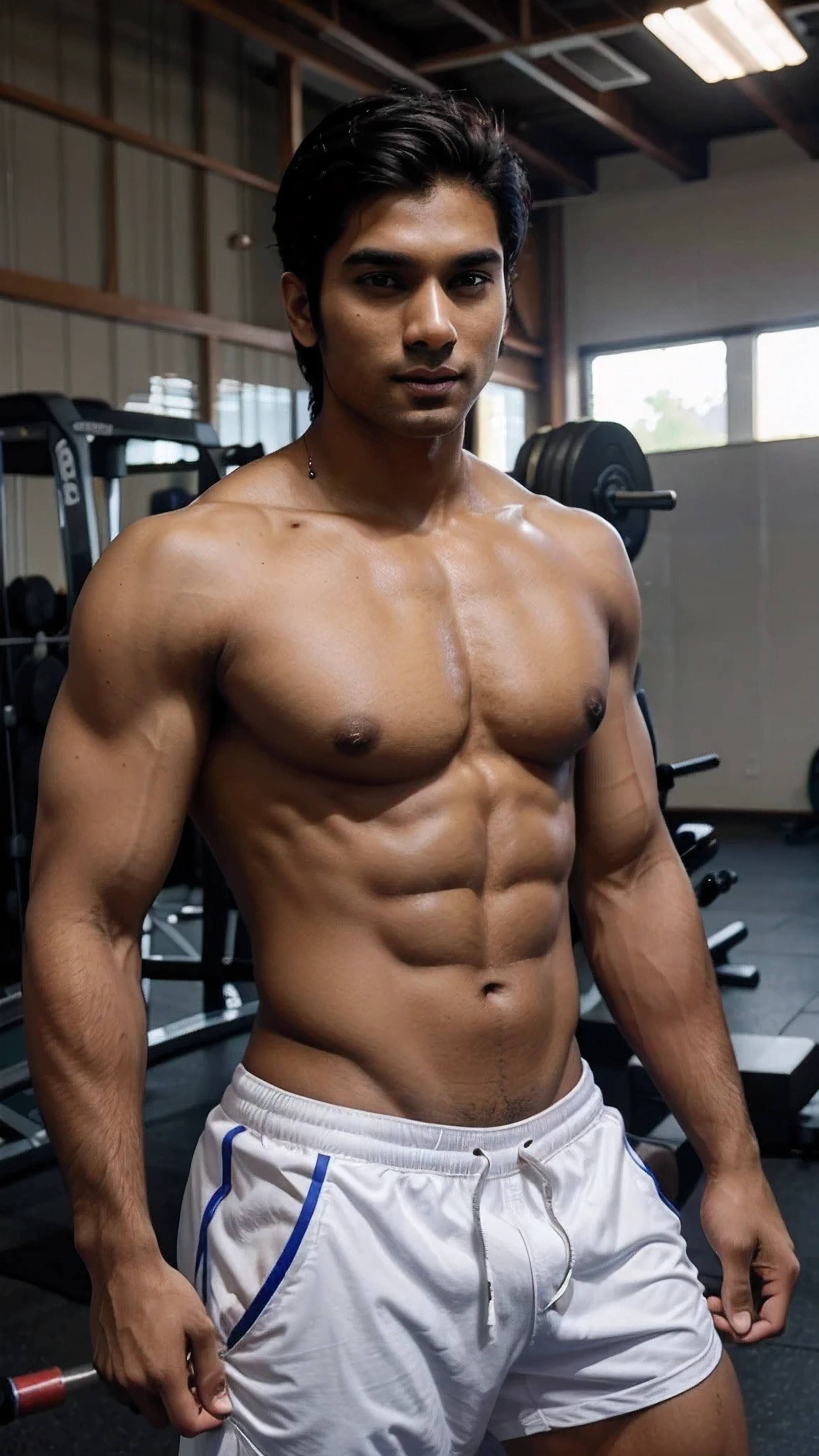 Indian Fair complexion 30 year old male model with Athletic Build working out in Gym, Gym background