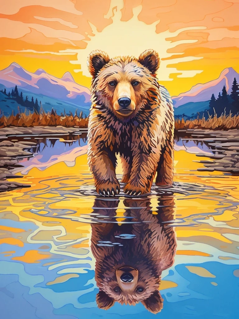 A bear stands in the water,In the background a sunset painting, Grizzly, half grizzly bear, Detailed painting 4 K, animal drawing, author:Jason Benjamin, glowing reflections, high detail painting, John Banovich, majestic painting, detailed acrylic painting, extremely high quality artwork, brown bear, Inspired by Trevor Brown, highly detailed vector art, High quality artwork