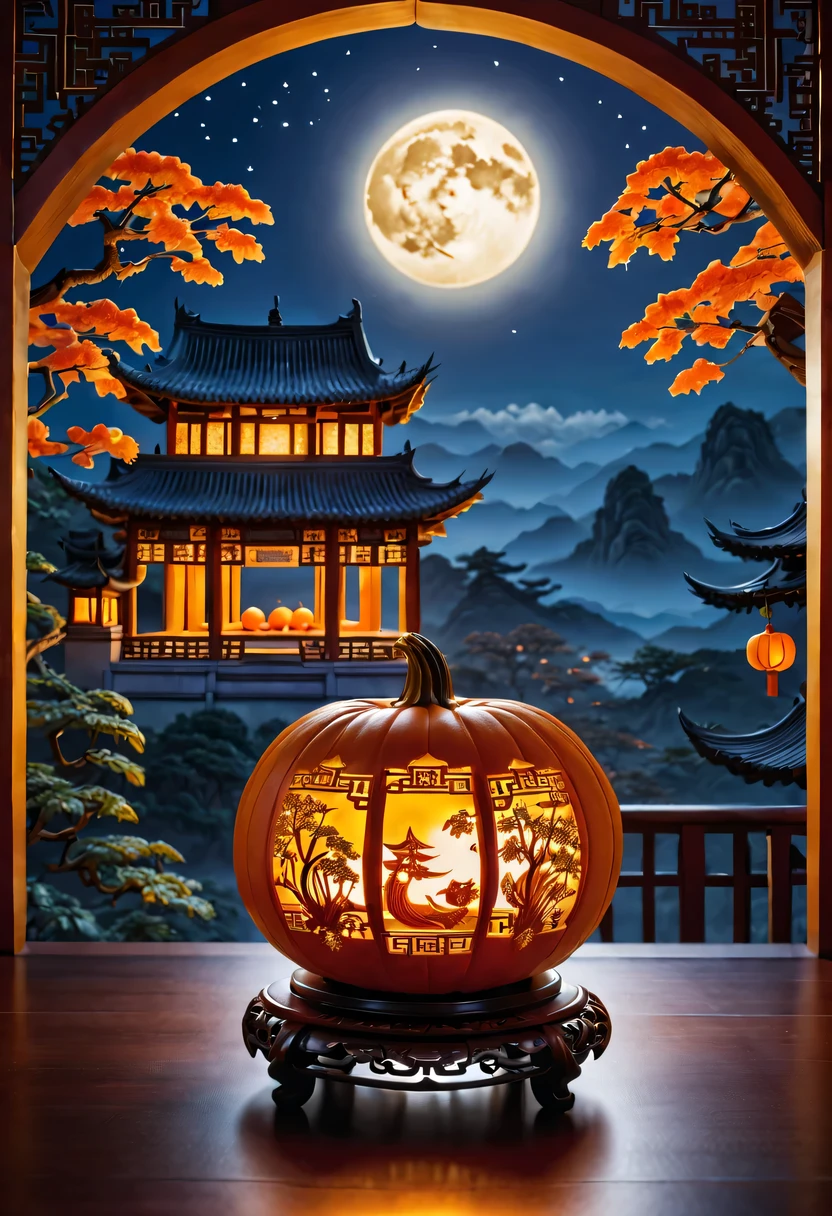 pumpkin lantern:Carve pumpkins:artwork:Art and intricate design:The work of skilled craftsmen:beautiful,Chinese style,elegant,fantasy,fantasy,magic,masterpiece,table decorations,Moonlight outside the window,beautiful光と影,最高masterpiece