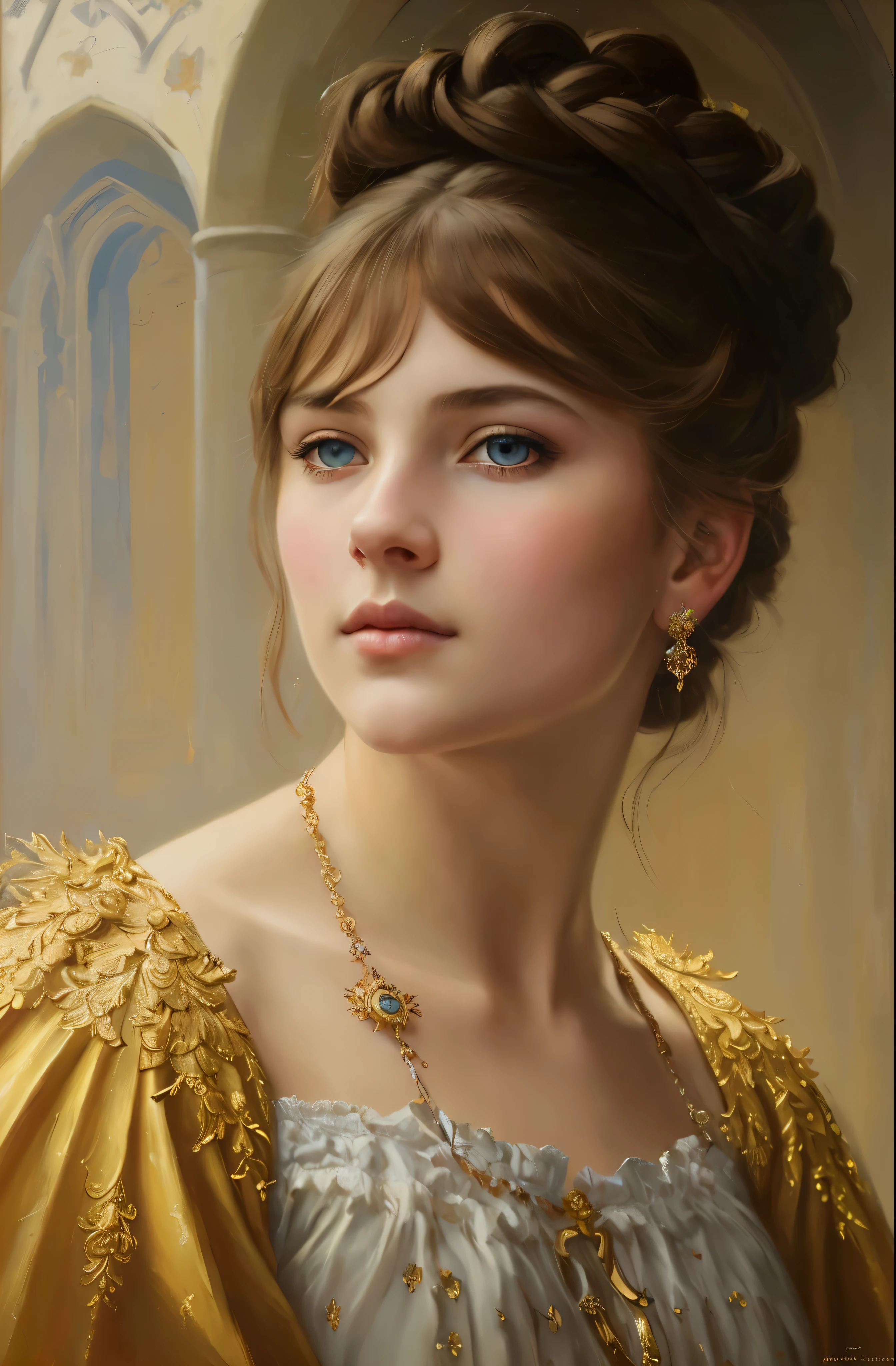 A painting of a woman in a gold dress with a necklace - SeaArt AI