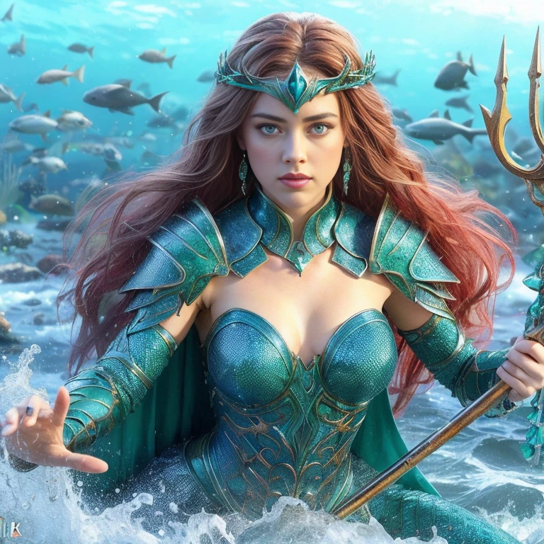 AMBER HEARD mujer hermosa, caucasian, pelo color rojo y largo, ojos claros, mojada, tiara verde, vestida con traje de armadura cuerpo completo color azul y verde con escamas, mera reyna de atlantis, sosteniendo un tridente, in defense position to attack, at the bottom of the ocean among marine fauna, ((Calidad superior, 8k, obra maestra: 1.3)), belleza, AMBER HEARD, Grande: 1.3, Abdominales delgados: 1.1, Textura facial y de piel muy detallada.