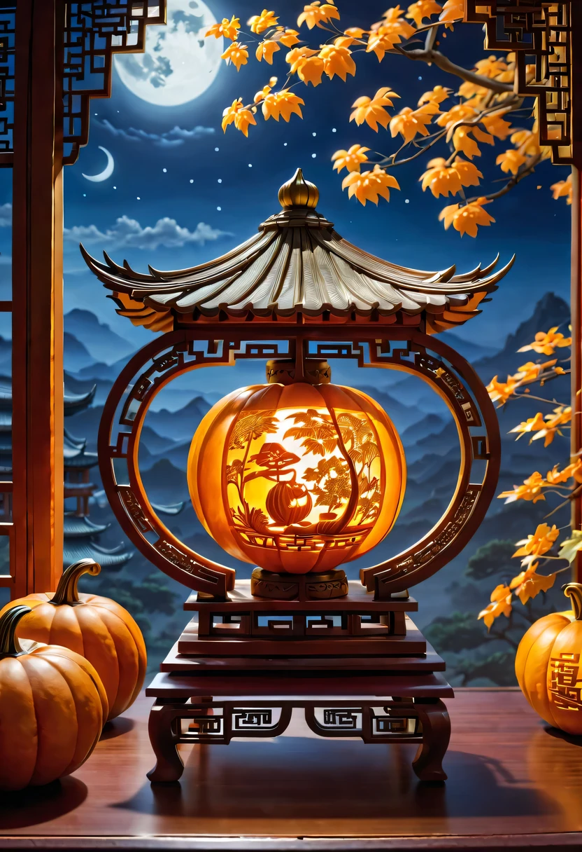 pumpkin lantern:Carve pumpkins:artwork:Art and intricate design:The work of skilled craftsmen:beautiful,Chinese style,elegant,fantasy,fantasy,magic,masterpiece,table decorations,Moonlight outside the window,beautiful光影,最高masterpiece