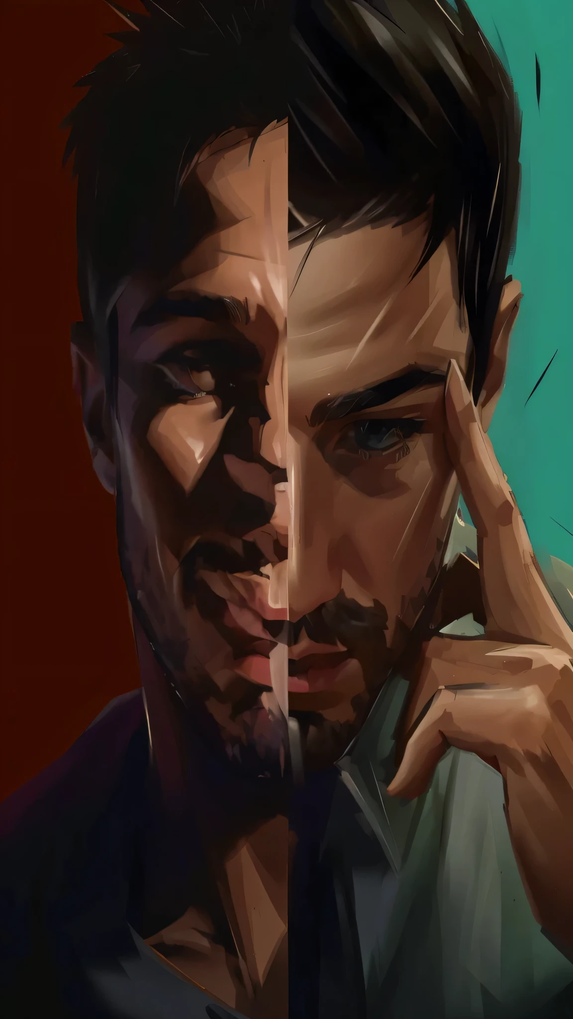 a close up of faaris azura as tyler durden/ two sided faaris azura, faaris azura with a hand on his face, 2d portrait, epic portrait illustration, faaris azura art 