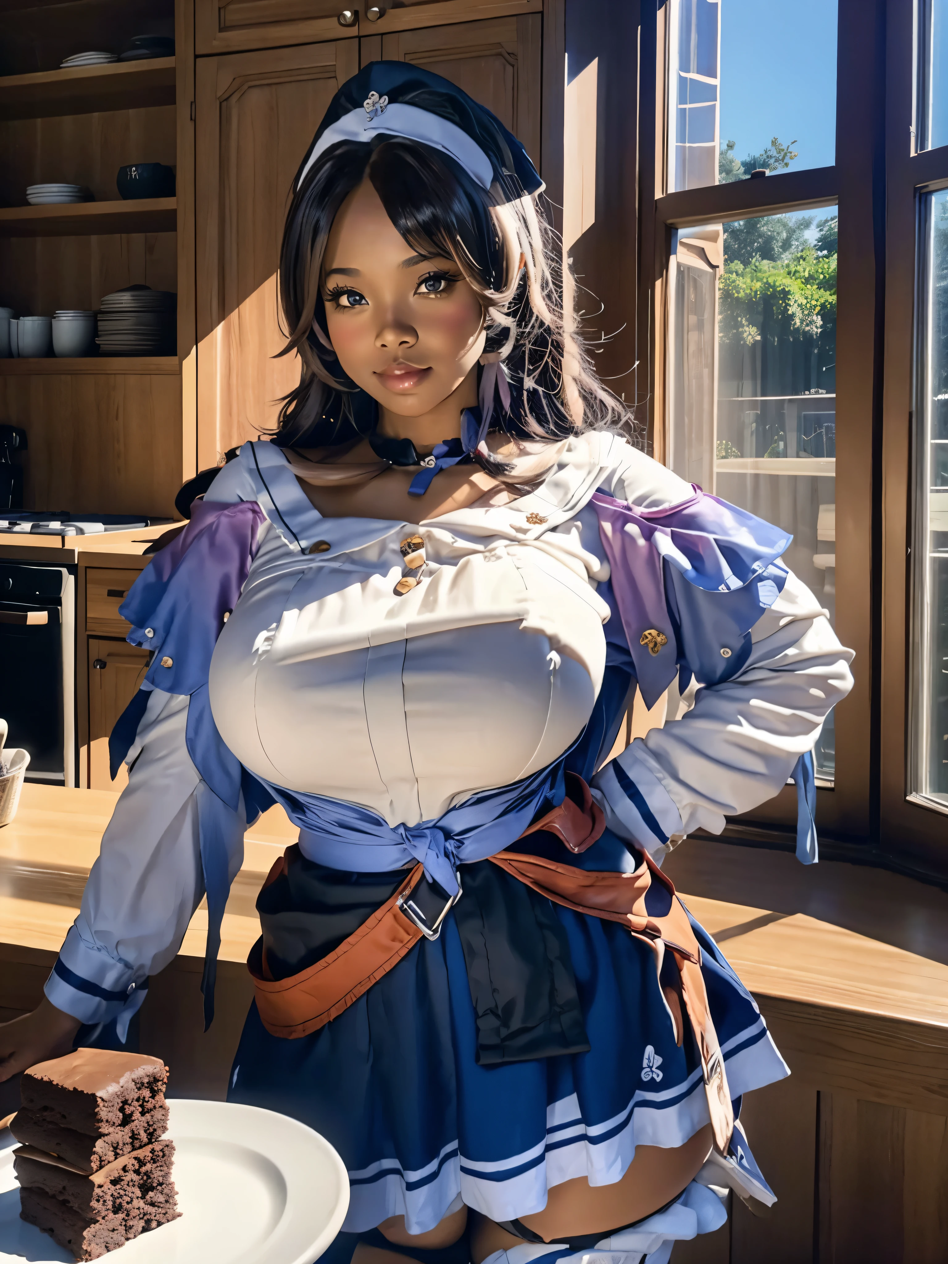 photograph of, a 28 year old, black, african-american bbw woman, beautiful, gorgeous, sexy, erotic, 36dd breast, big buttocks, baking brownies in the kitchen, wearing a french maid outfit, lace stockings, apron with marijuana leaf designs, 36dd breast, slim waist, big buttocks, wide hips, brownies on a plate, maid headdress, naughty, Wide-Angle, Ultra-Wide Angle, wide shot, from above, atmospheric perspective, depth of field, cinematic lighting, reflection light, backlighting, UHD, masterpiece, anatomically correct, textured skin, super detail, award winning, 8k