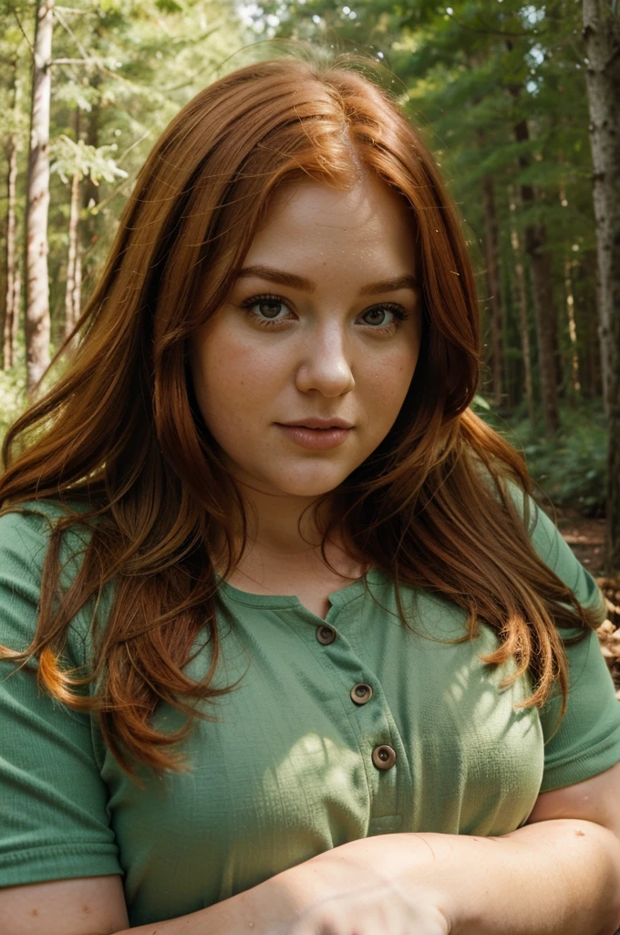 (best quality, realistic:1.2),chubby girl,ginger hair,curvy ,beautiful face and features,vivid colors,dressed,forest