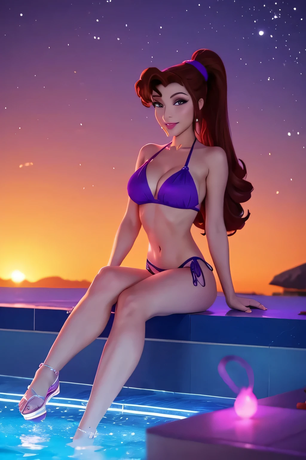 1 girl brunette Megara, wearing purple greek bikini and sandals and sayrong, disney animation style, best quality, digital art, sitting in greek pool at night, 2D, soft romantic background