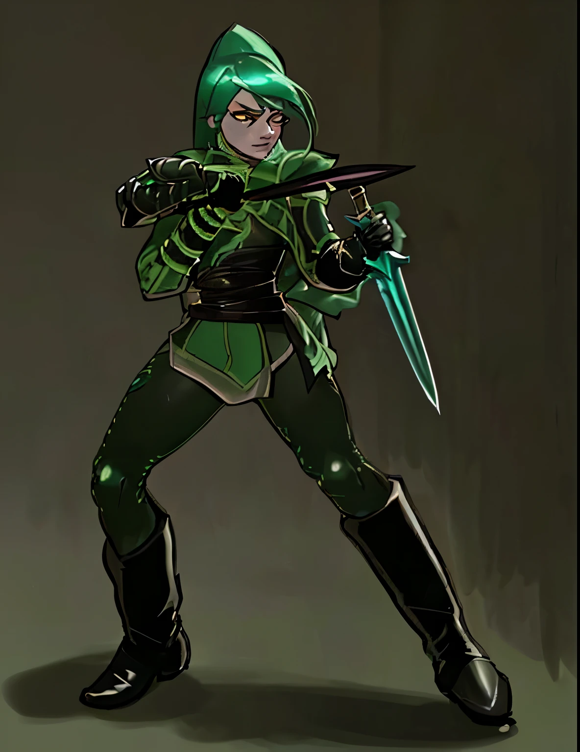 A mysterious rogue with swift movements and a mastery of stealth. Lyra wields dual daggers and is adorned in dark, sleek leather armor. Her attacks focus on evasion and dealing critical hits from the shadows without background.