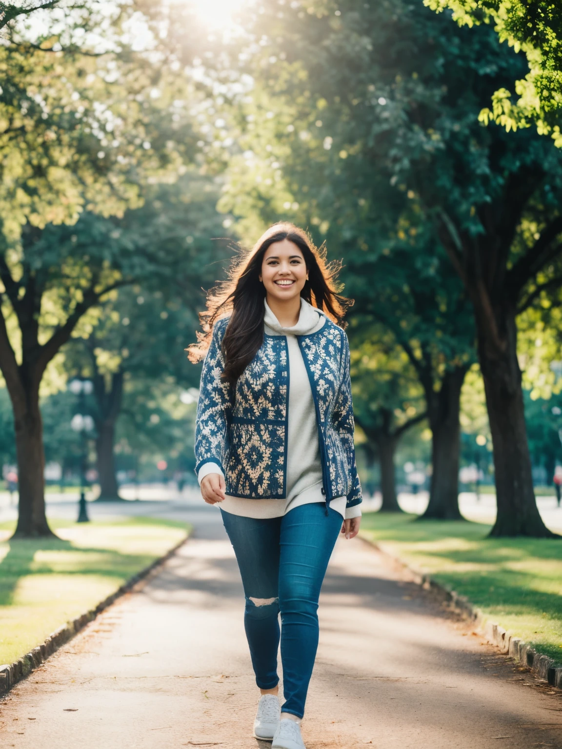 beautiful woman, wearing casuals, smile, hyper detailed photography, walking the park, soft diffused light
