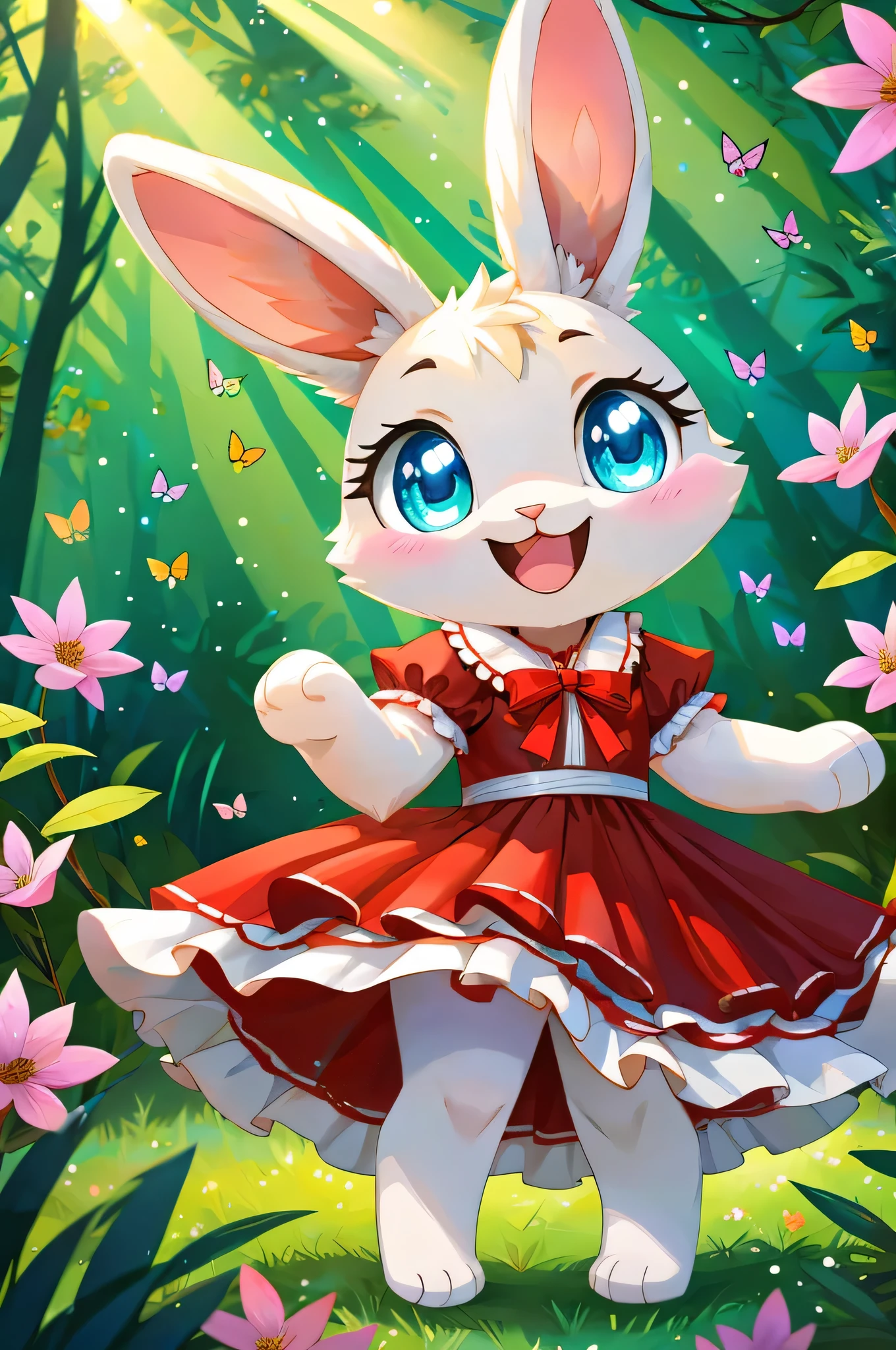 zoomed out image, cute style art, fantasy style art, cute, adorable, short character, small, tiny little fluffy female white bunny with blue eyes, 4 ears, 2 extra ears, big floppy ears, long ears, ears perked up, raised ears, long eyelashes, poofy rabbit tail, wearing a red frilly ribbon dress, smiling, standing in a colorful fantasy forest, soft tones, big expressive smile, open mouth, wide eyes, excited eyes, excited face, stunning visuals, sunlight coming through the trees, flowers scattered in the bushes, butterflies in the air, digital illustration