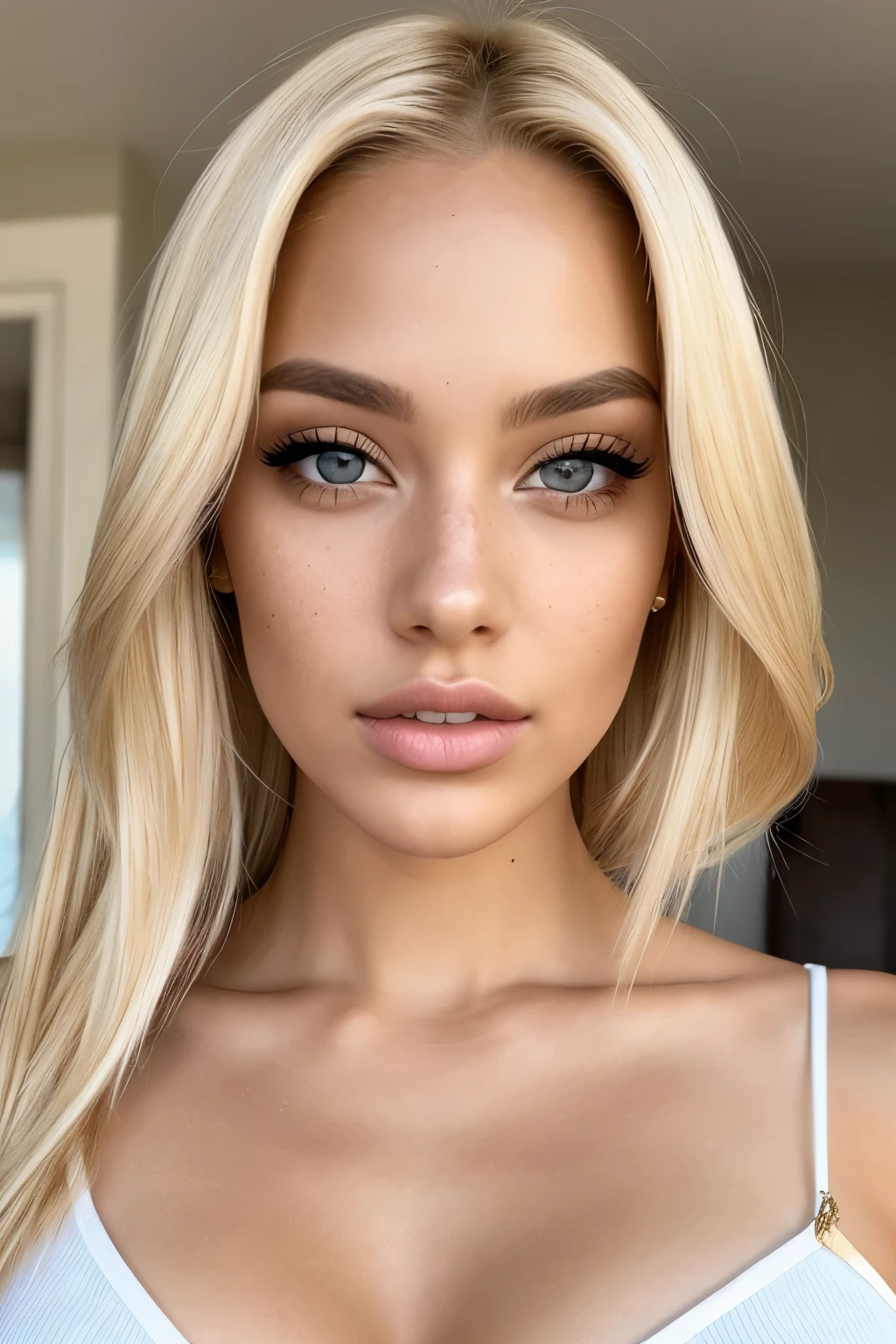 (close-up editorial front photo of 25 yo woman, blonde hair, slim latinas sweetheart), (freckles:0.9), (full lips) close, (yelloreen) eyes, POV, realistic[:, (film grain, 25mm, f/1.2, dof, bokeh, beautiful symmetrical face, perfect sparkling eyes, well defined pupils, high contrast eyes, ultra detailed skin, skin pores, vellus hair, fabric stitching, fabric texture, wood grain, stone texture, finely detailed features:1):0.9]