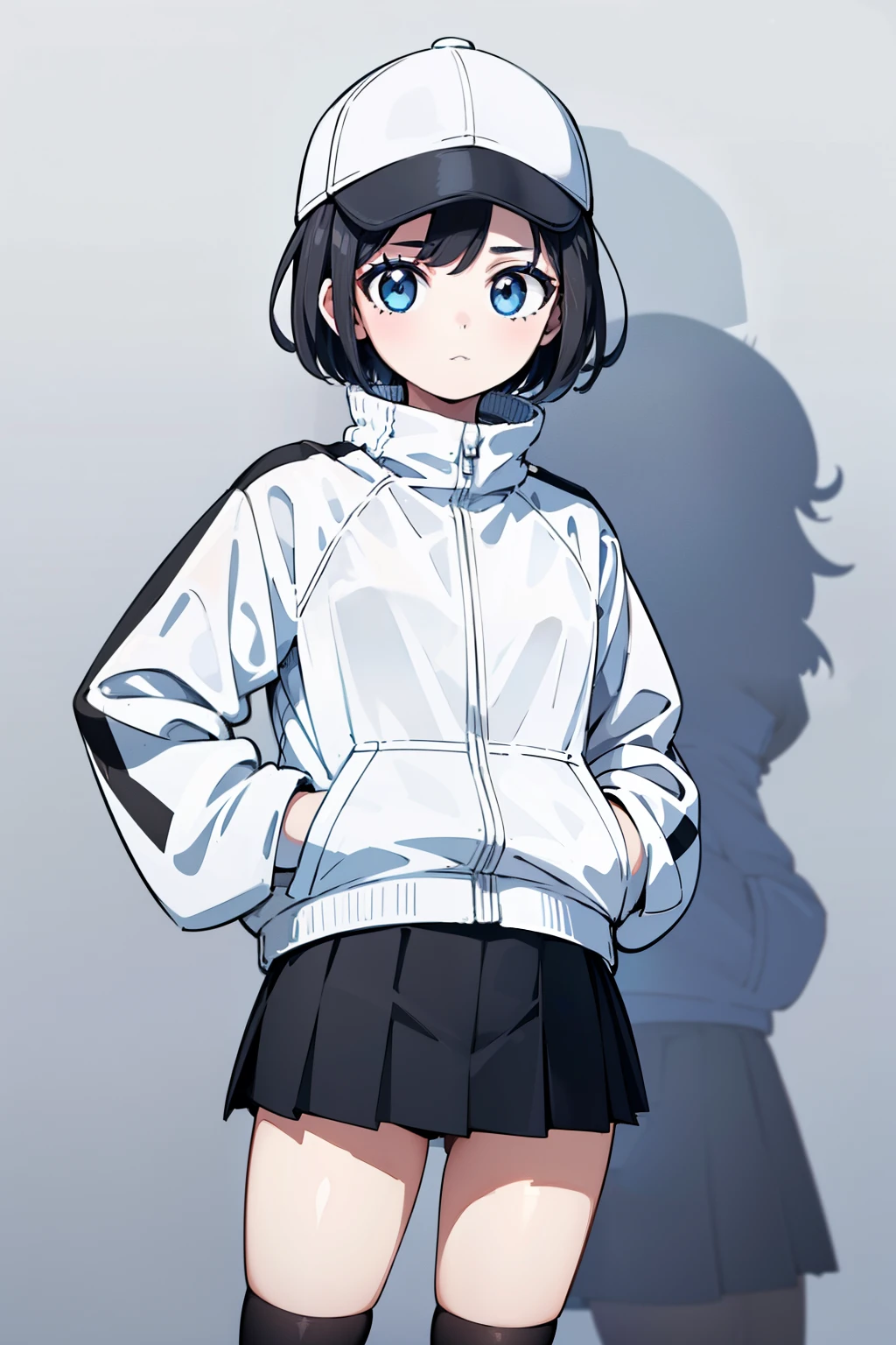 1girl, solo, blue eyes, (detailed eyes), flat chest, ((short hair)), black hair, (baseball hat), white cap, ((waterproof jacket)), (white jacket), skirt, black skirt, black socks, standing, (hands in pockets), ((Closed sweater)), upper body, white background, Transparent background, looking at viewe, ((masterpiece, illustration, best quality))