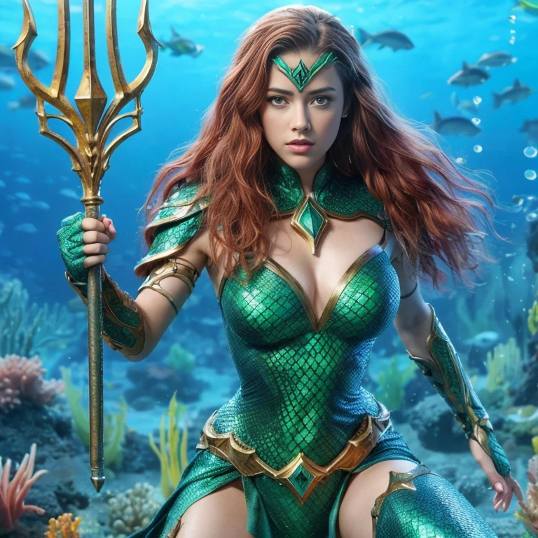 AMBER HEARD mujer hermosa, caucasian, pelo color rojo y largo, ojos claros, mojada, tiara verde, vestida con traje de armadura cuerpo completo color azul y verde con escamas, mera reyna de atlantis, sosteniendo un tridente, in defense position to attack, at the bottom of the ocean among marine fauna, ((Calidad superior, 8k, obra maestra: 1.3)), belleza, AMBER HEARD, Grande: 1.3, Abdominales delgados: 1.1, Textura facial y de piel muy detallada.