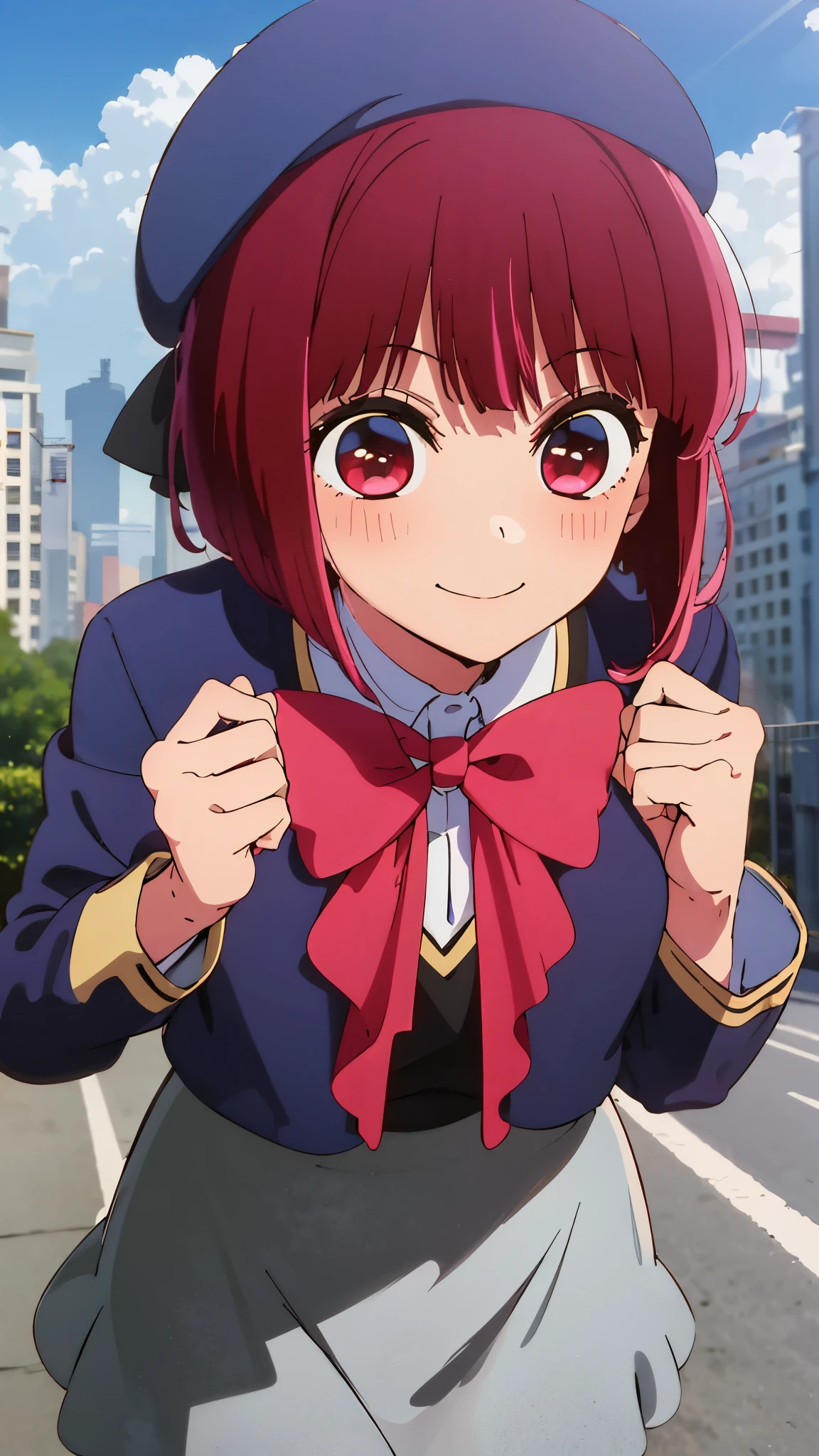 masterpiece, highest quality, ultra high resolution, highest quality, anime style, best writing, beautiful face, masterpiece, very detailed, (1 girl:1.2), redhead, school uniform, large red ribbon on the chest、Carefree smile、morning, city background, 8K, short hair, beret, (anime style), (leaning forward:1.3), (Hold your hat:1.3), face focus, best writing, blue sky