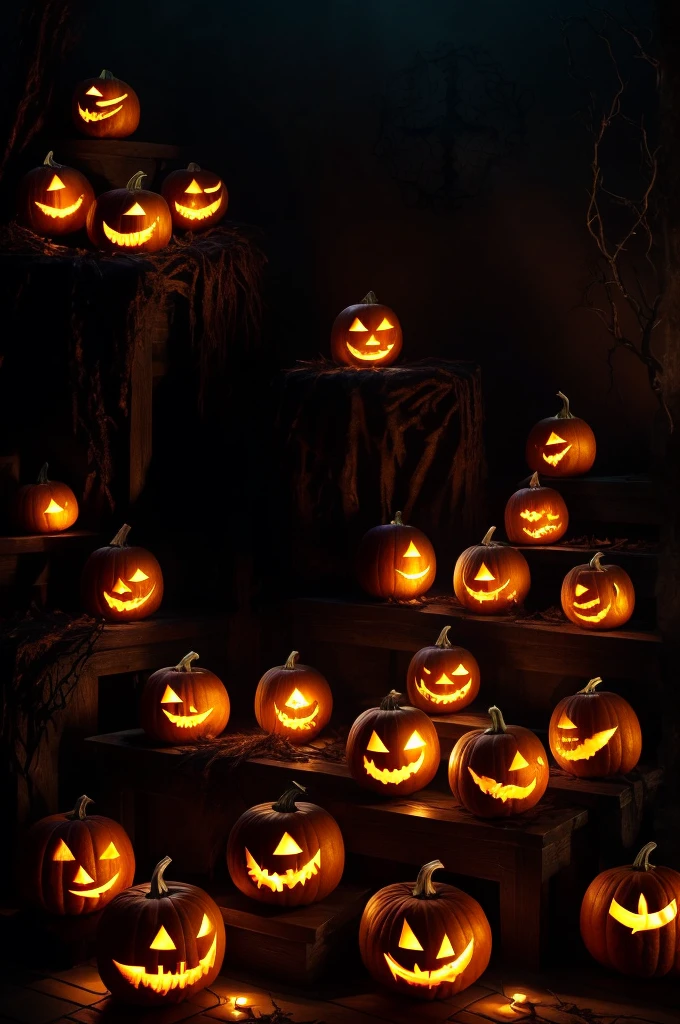A spooky scene with pumpkin carvings illuminated by a flickering candlelight. (best quality,ultra-detailed),detailed pumpkin carvings, intricate designs, (realistic,photorealistic:1.37), eerie atmosphere, (dark, shadowy:0.9) background, hauntingly beautiful, atmospheric lighting, vivid colors, (Halloween-themed, autumnal), jack-o'-lanterns, creepy, supernatural ambiance