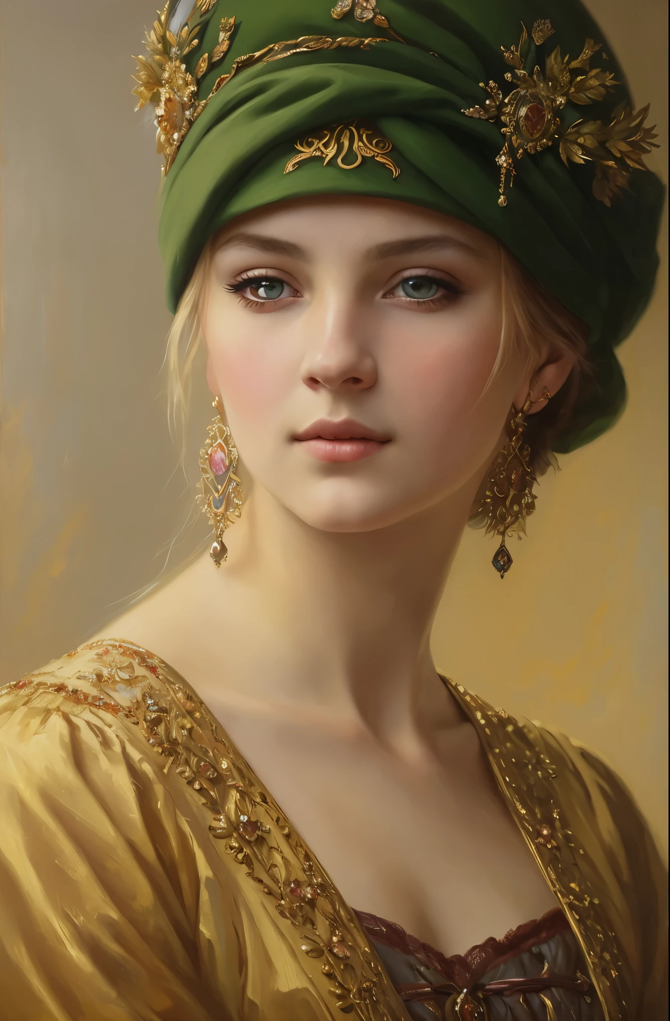 portrait, girl, middle ages, classicism, andrey atroshenko style, painting, pierced eyes, beautifully styled hair, traditional media, realistic, figurative, fine art, oil on canvas, HDR, 8K, original character, high resolution, high detail, focus on the face, beautiful eyes