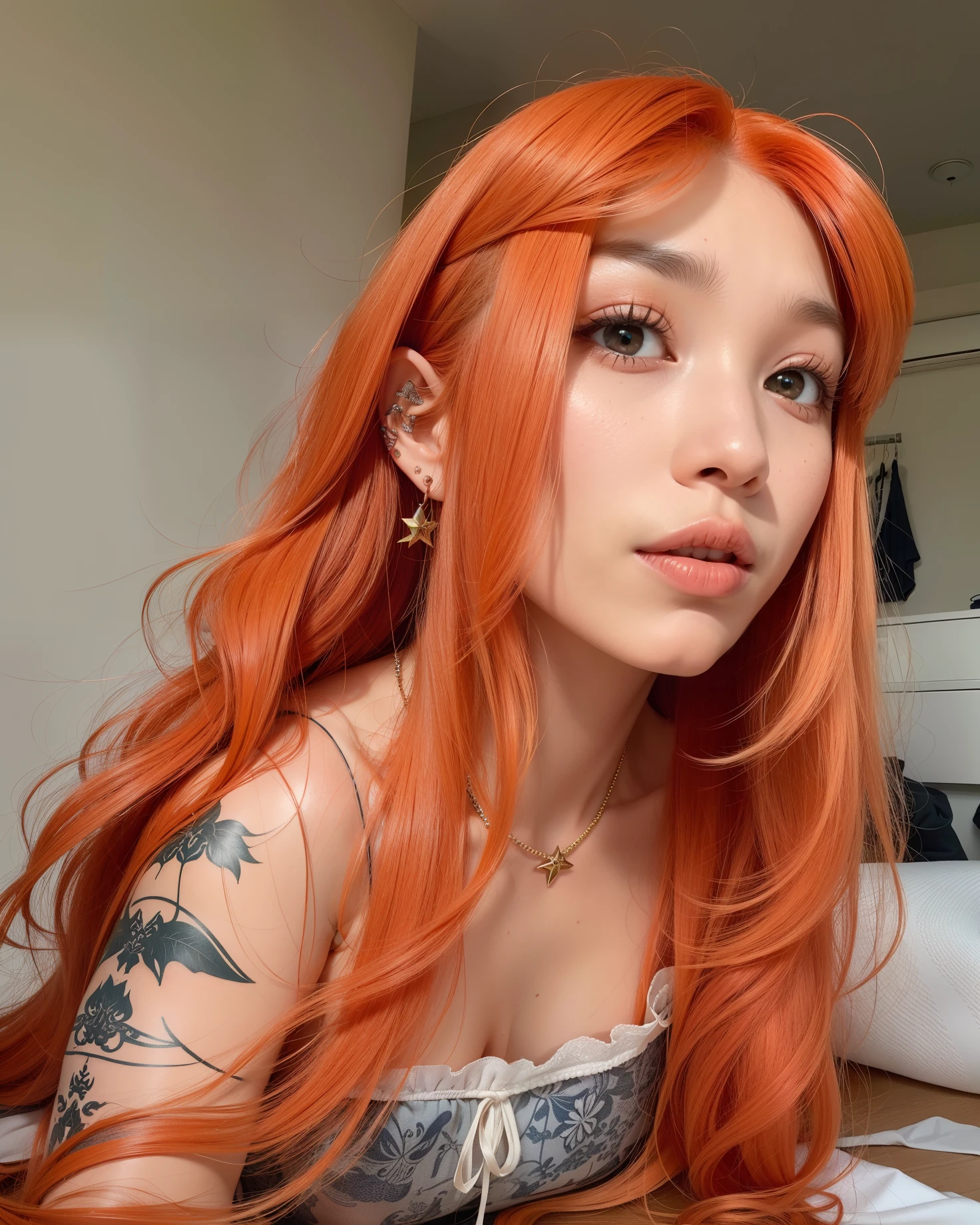 A closeup of a woman with red hair and a tattoo on her arm, long cabelo laranja, long wavy cabelo laranja, she has long redcabelo laranja, bright cabelo laranja, pele laranja e cabelos longos e ardentes, cabelo laranja, cabelo laranja brilhante, very long cabelo laranja, orange flowing hair, com longos cabelos ruivos, ela tem longos cabelos castanhos alaranjados, cabelo cacheado cor de cobre