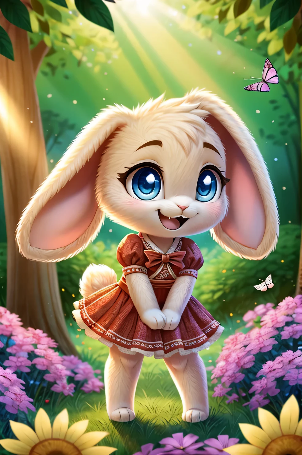zoomed out image, cute style art, fantasy style art, cute, adorable, short character, small, tiny little fluffy female white bunny with blue eyes, 4 ears, 2 extra ears, big floppy ears, long ears, ears perked up, raised ears, long eyelashes, poofy rabbit tail, wearing a red frilly ribbon dress, smiling, standing in a colorful fantasy forest, soft tones, big expressive smile, open mouth, wide eyes, excited eyes, excited face, stunning visuals, sunlight coming through the trees, flowers scattered in the bushes, butterflies in the air, digital illustration