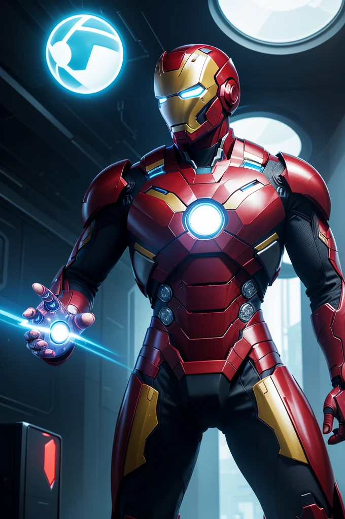 Create a futuristic representation of Playground.AI in the style of a gamer. The character should have a high-tech look, with futuristic armor and technological accessories. Man in Iron-Man-style armor. His eyes could glow with cybernetic light, and he could be holding a holographic device or futuristic joystick in his hands. The background should be a virtual 3D environment, with video game elements and digital interfaces. The image should evoke the idea of a playful mind evolving in an advanced technological virtual world.
