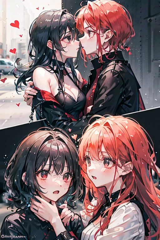 A red haired woman with red eyes is kissing a black haired woman with brown eyes