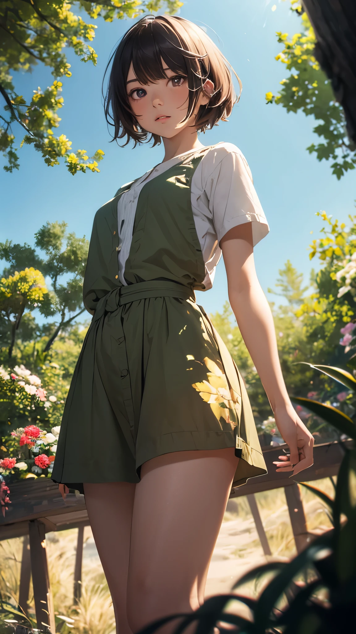 girl, , side shot, (sky:1.3), (masterpiece, best quality, perspective, depth of field:1.5), flowers, rocky mountain, woods, beautiful face, thighs, from below, 8k, raw photo, absurdres, impressionism, (Tom Thomson, Claude Monet, Joaquín Sorolla, James Wilson Morrice, John Fabian Carlson, Hugh Henry Breckenridge:0.8), HDR, photorealistic, film grain, chromatic aberration, highres, ultra detailed, finely detail, dynamic lighting, dramatic lighting, shadow, sharp focus, extremely detailed eyes and face, sharp pupils, realistic pupils