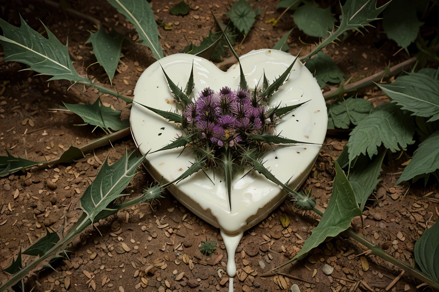 I want you to illustrate a scene where cholesterol is represented as an unwanted monstrosity where the (((Leaves and thorns of milk thistle))) The milk thistle could be wearing a lot of {Leaves} holding a [branch of thorns shaped like heart]. It may be attacking cholesterol with its spikes, while the cholesterol particles turn into healthy hearts in the process.